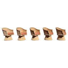 1980s McGuire Rocking Rattan Stacked Swivel Tulip Chairs, Set of 5