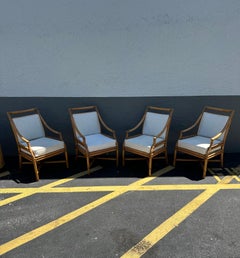 1980s McGuire Style Target Back Stacked Rattan Dining Chairs, Set of 4