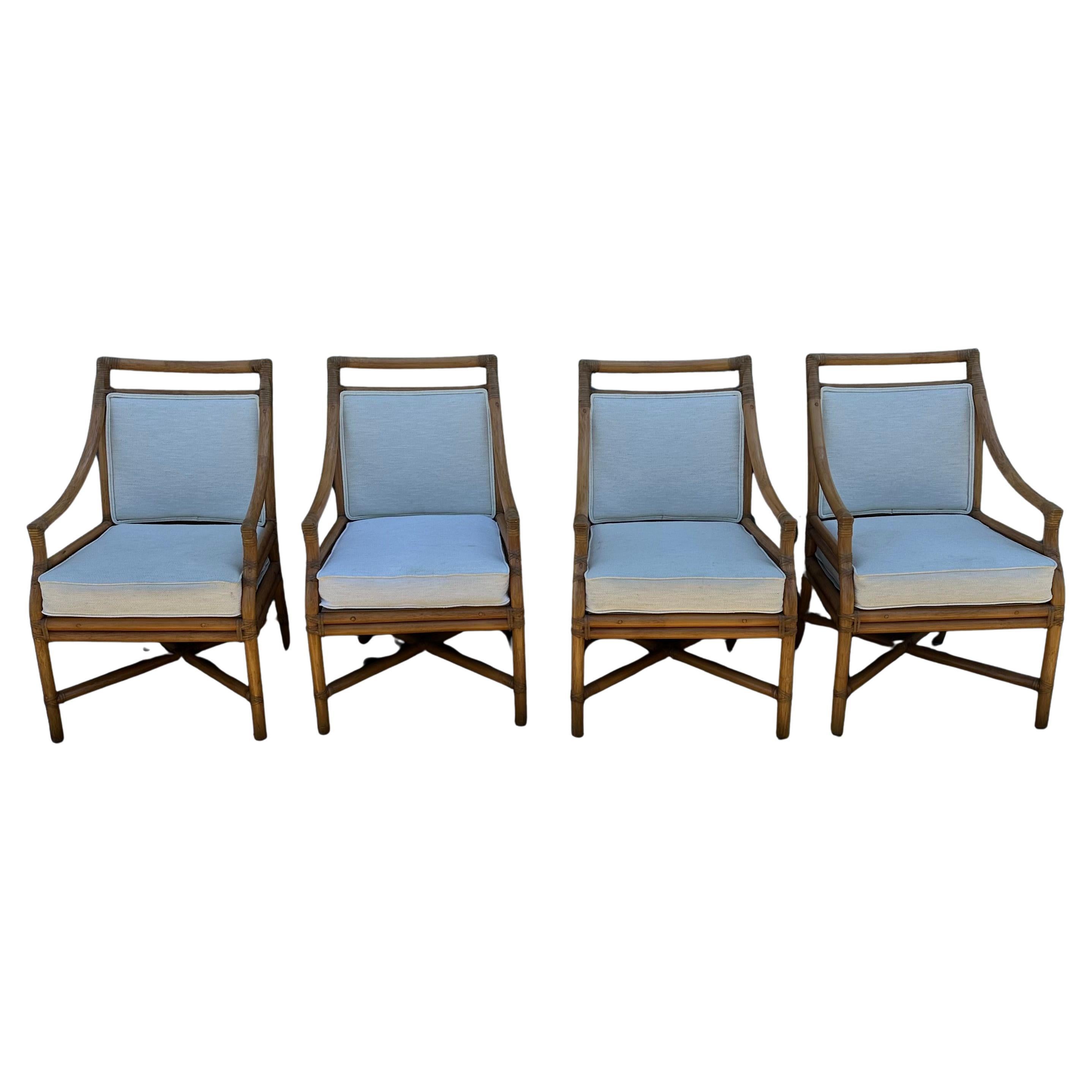 1980s McGuire Style Target Back Stacked Rattan Dining Chairs, Set of 4