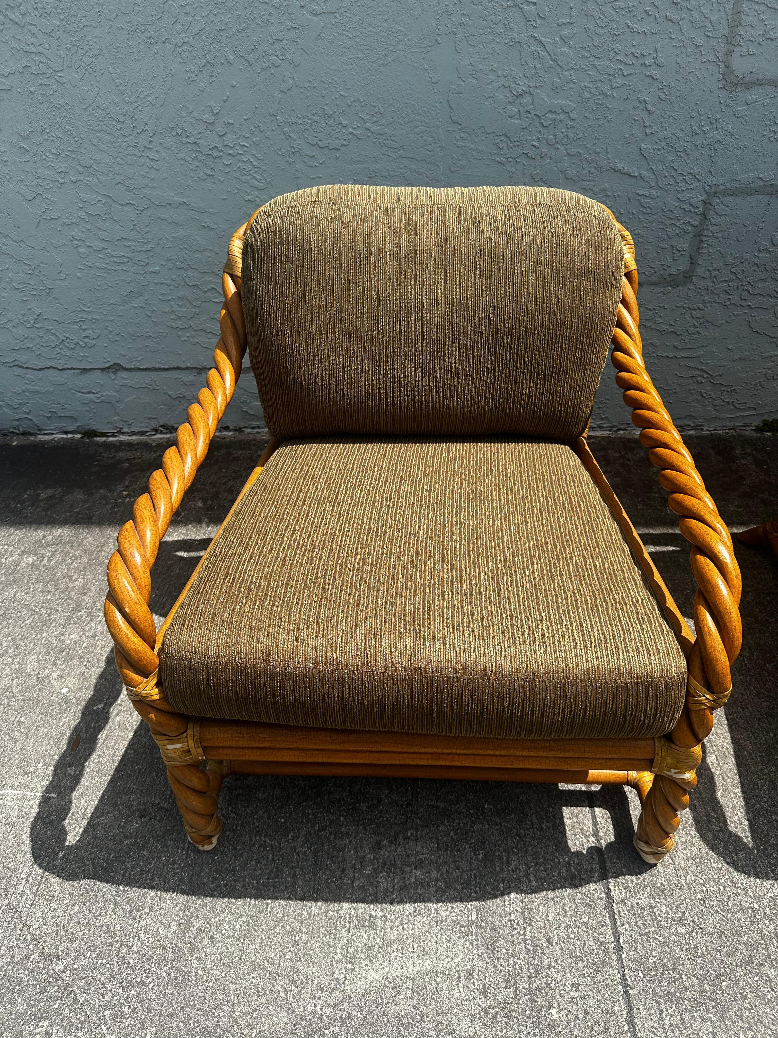 1980s McGuire Twisted Rattan Green Beige Chairs and Ottoman, Set of 3 For Sale 4