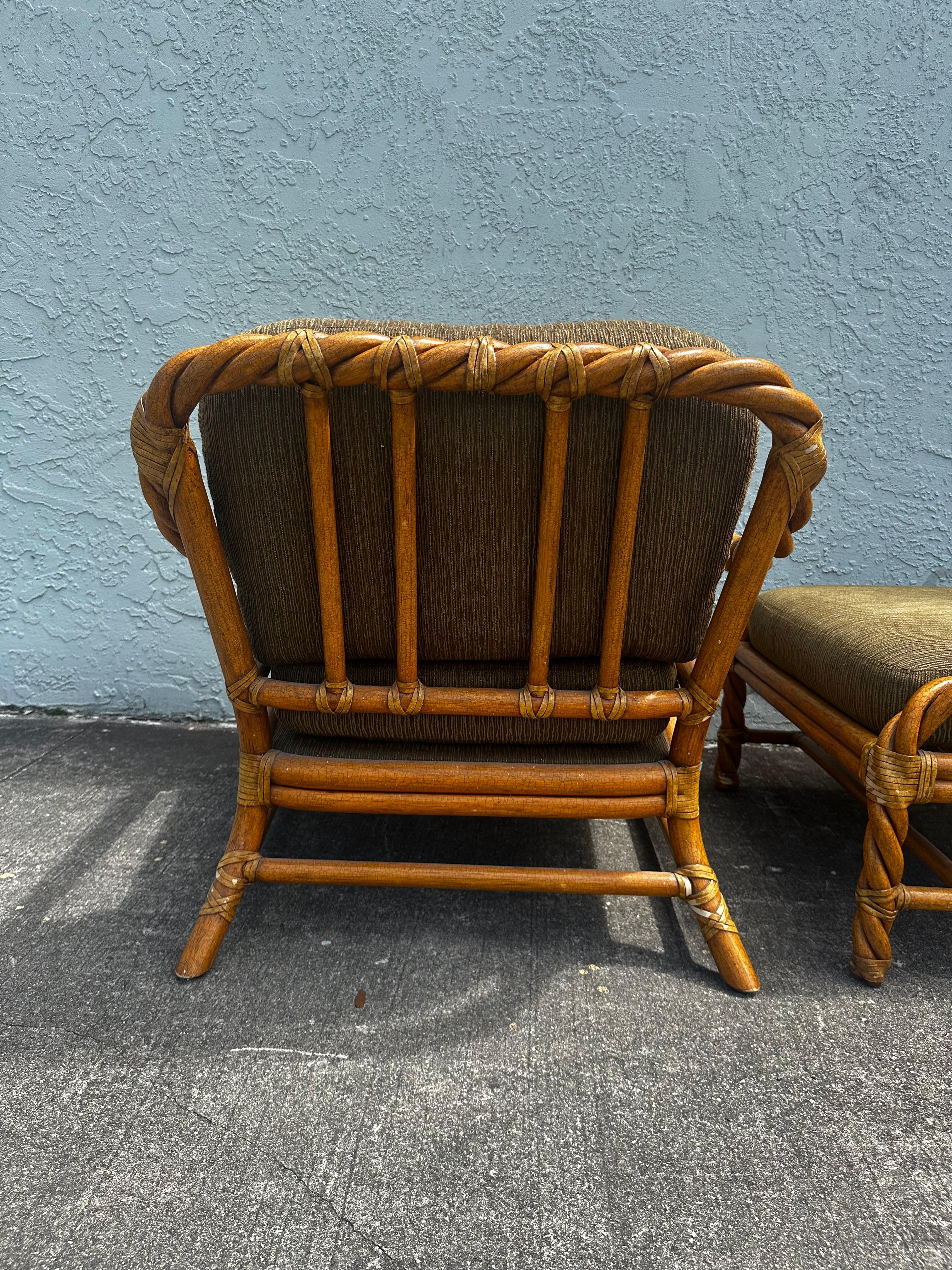 1980s McGuire Twisted Rattan Green Beige Chairs and Ottoman, Set of 3 For Sale 6