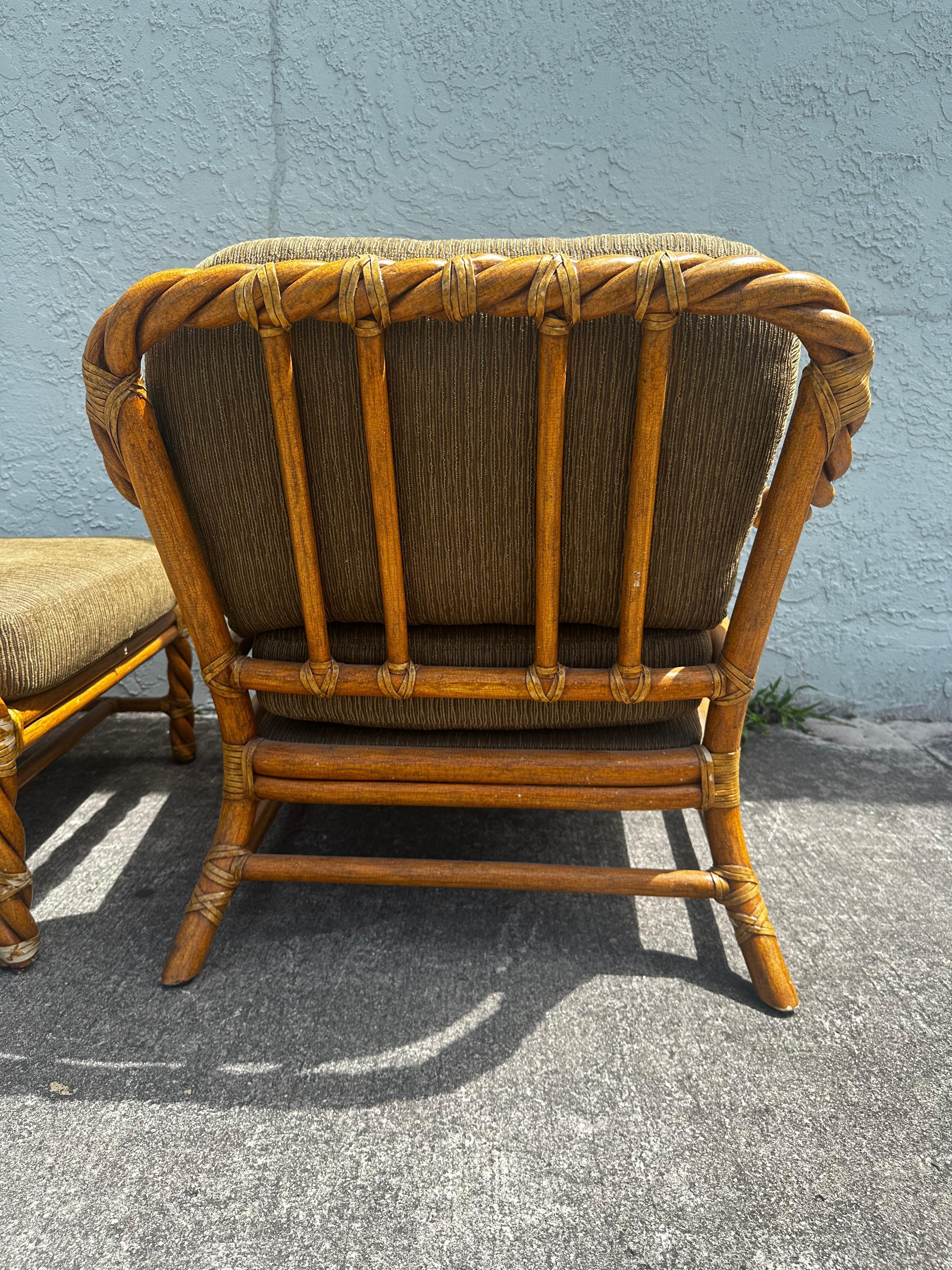 1980s McGuire Twisted Rattan Green Beige Chairs and Ottoman, Set of 3 For Sale 7