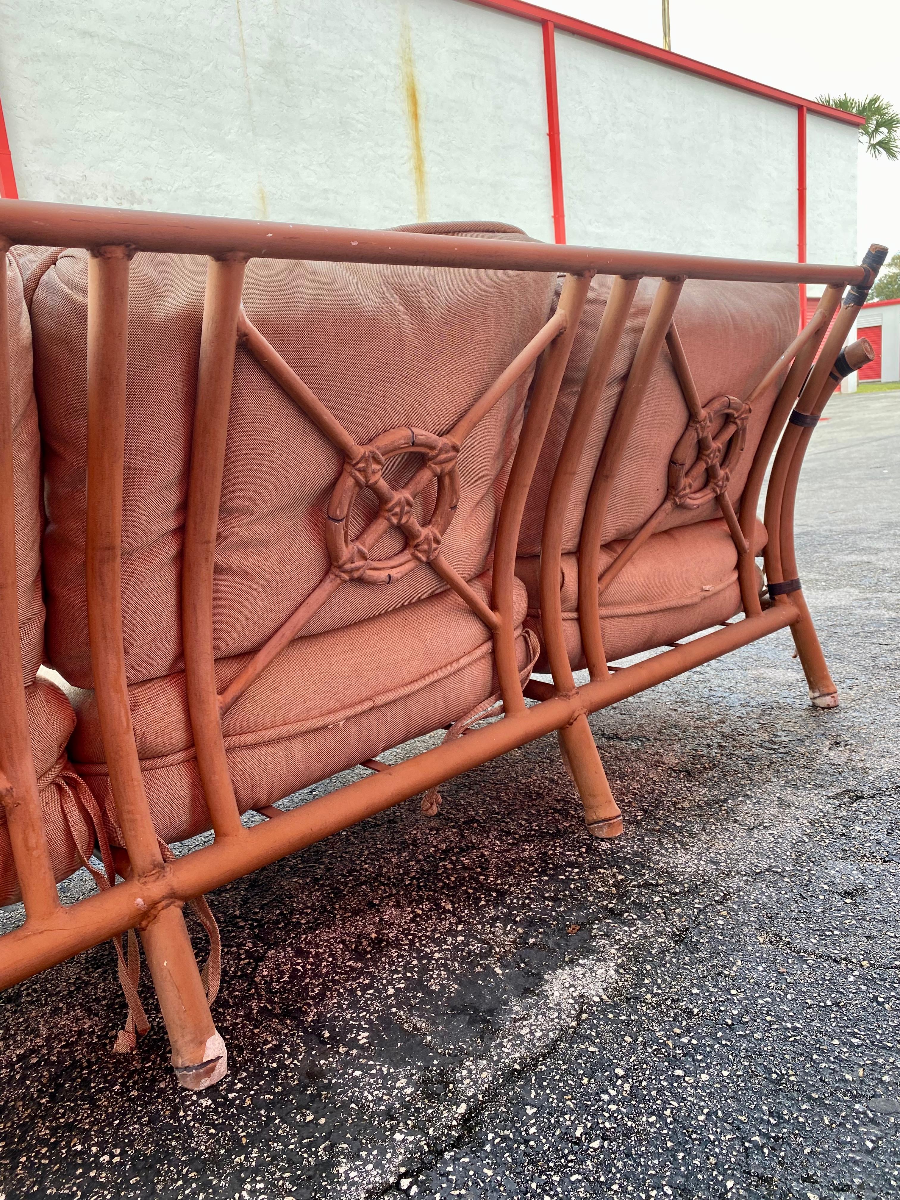 1970s  McQuire Target Back Faux Rattan Aluminum Sofa Chair Set For Sale 5