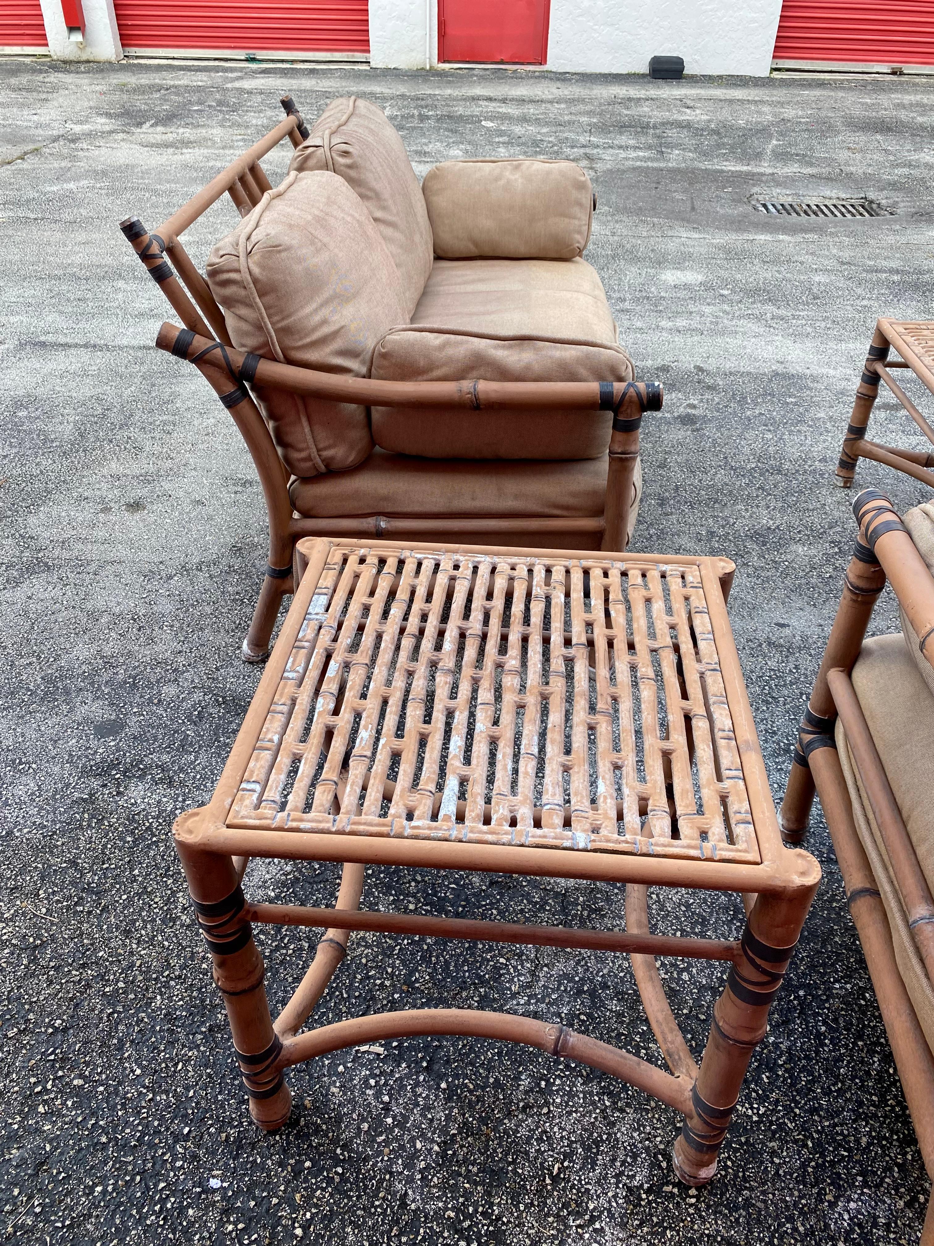 1970s  McQuire Target Back Faux Rattan Aluminum Sofa Chair Set For Sale 6