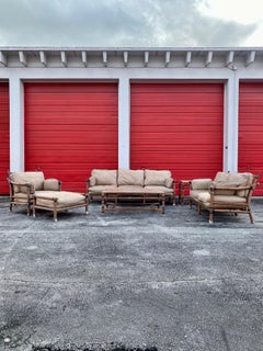 1970s  McQuire Target Back Faux Rattan Aluminum Sofa Chair Set