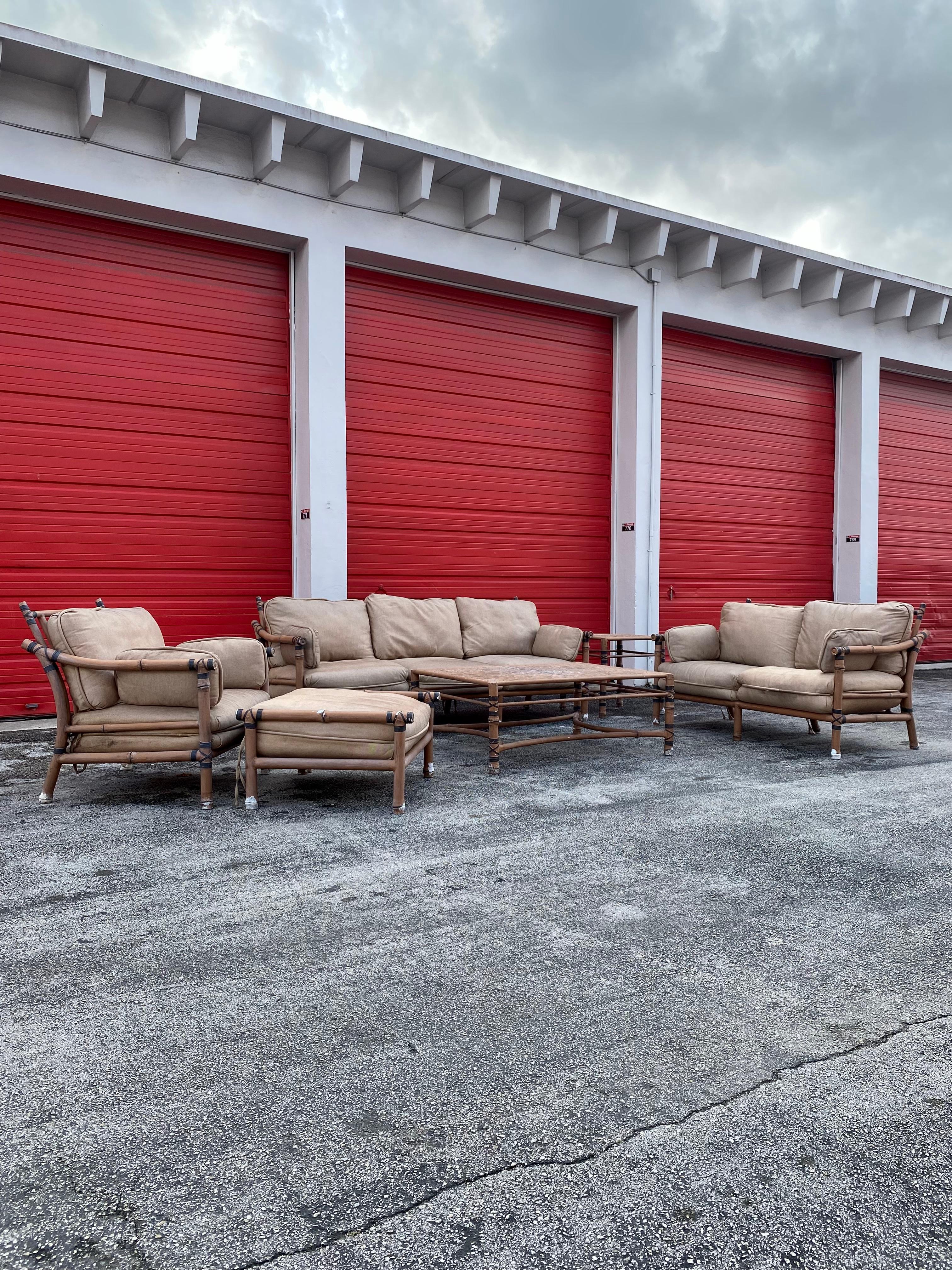 Mid-Century Modern 1970s  McQuire Target Back Faux Rattan Aluminum Sofa Chair Set For Sale