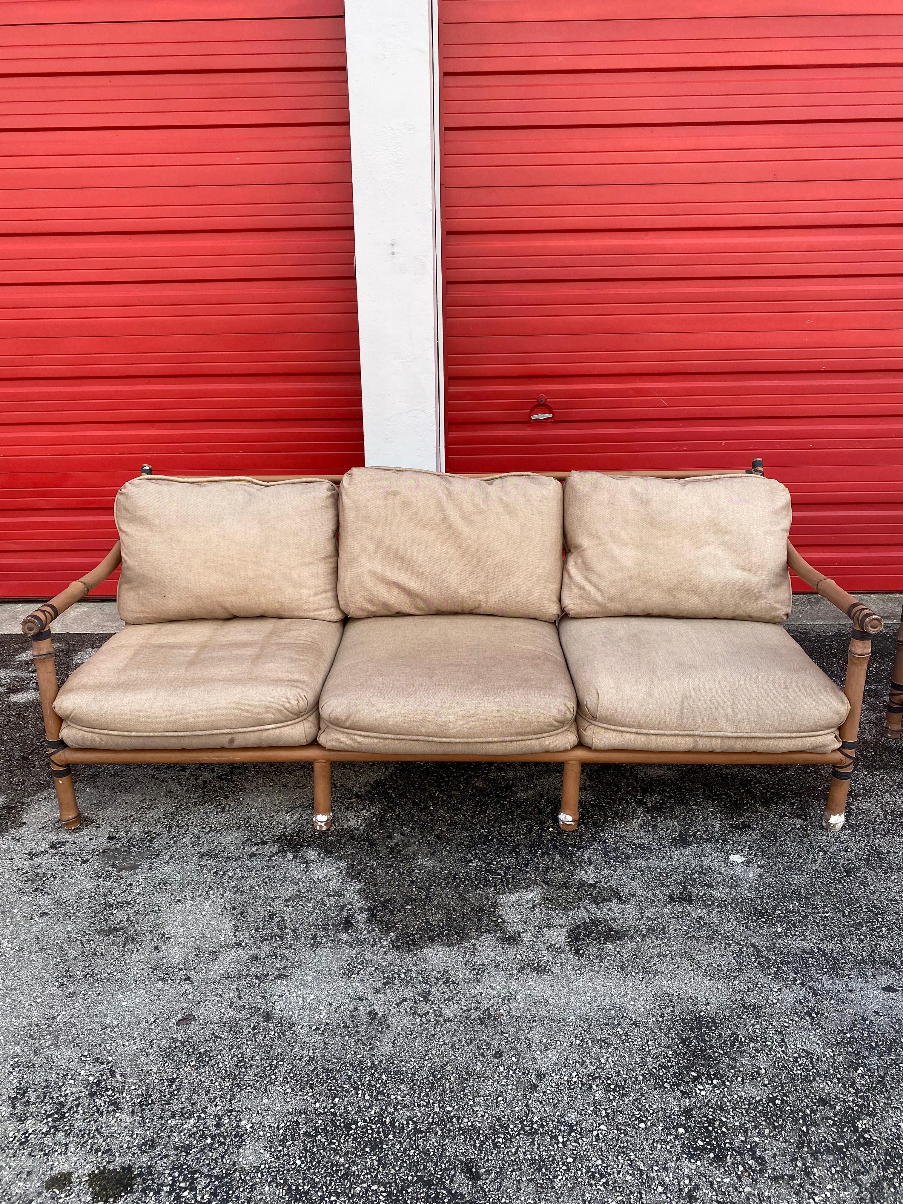 1970s  McQuire Target Back Faux Rattan Aluminum Sofa Chair Set In Good Condition For Sale In Fort Lauderdale, FL