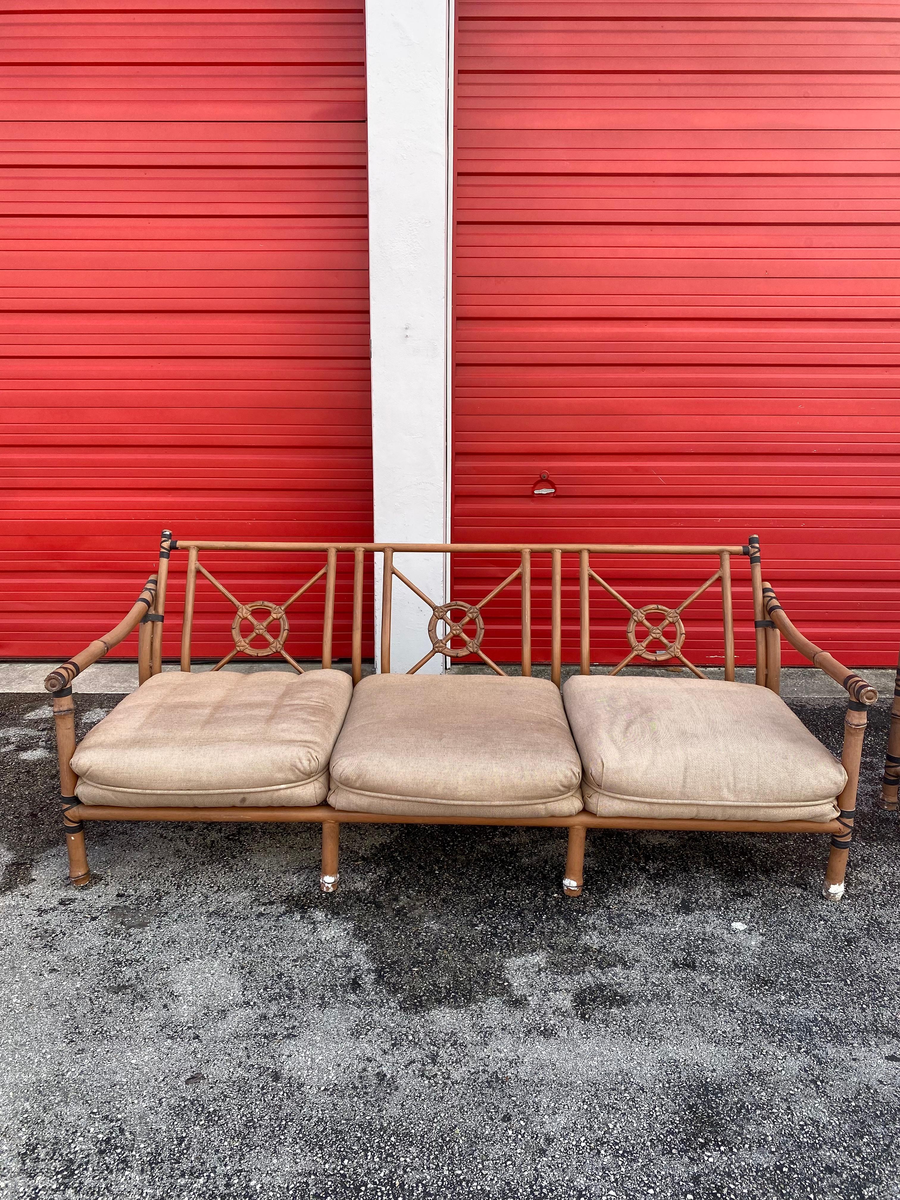 Late 20th Century 1970s  McQuire Target Back Faux Rattan Aluminum Sofa Chair Set For Sale