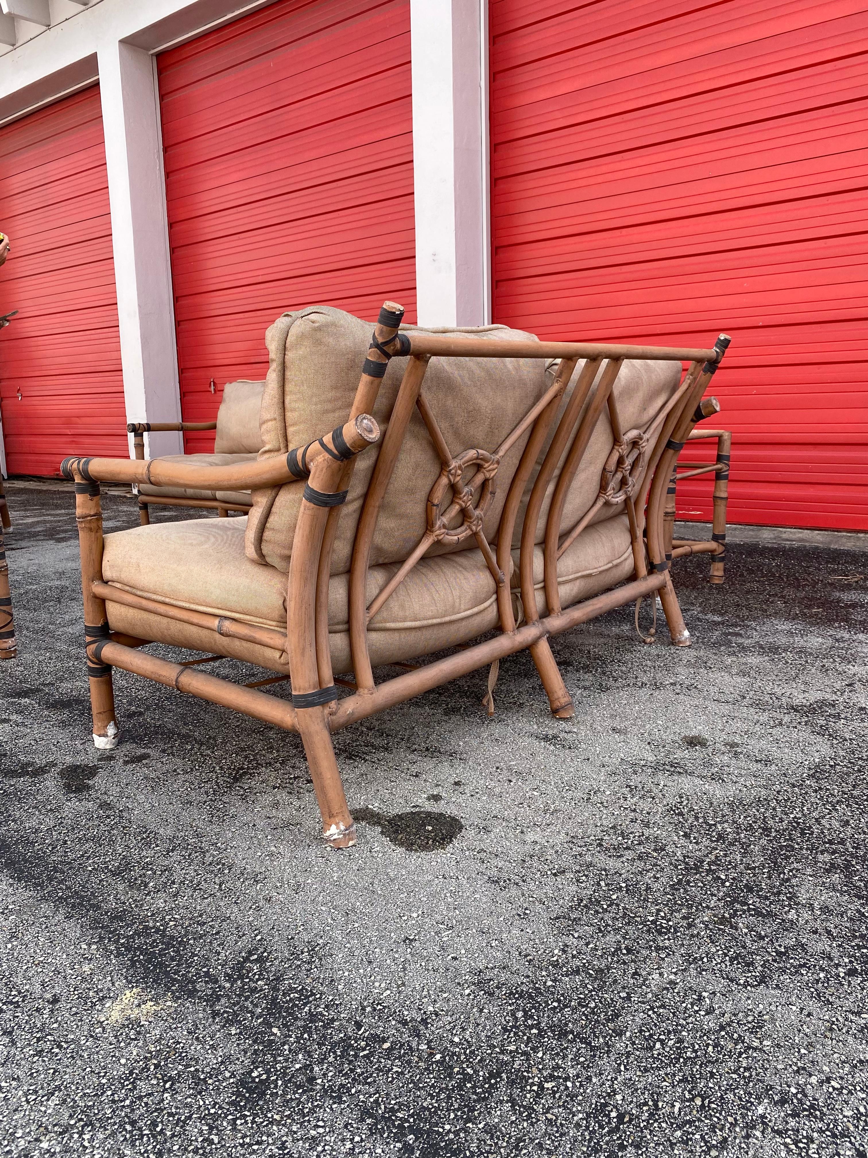 1970s  McQuire Target Back Faux Rattan Aluminum Sofa Chair Set For Sale 1