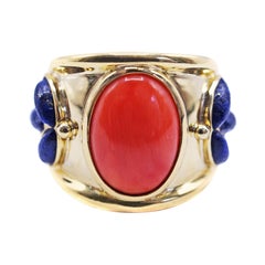 1980s Mediterranean Coral Lapis Lazuli 18 Karat Gold Band