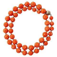 1980s Mediterranean Coral Necklace with Hand-Carved Beads and 18K Gold Accents