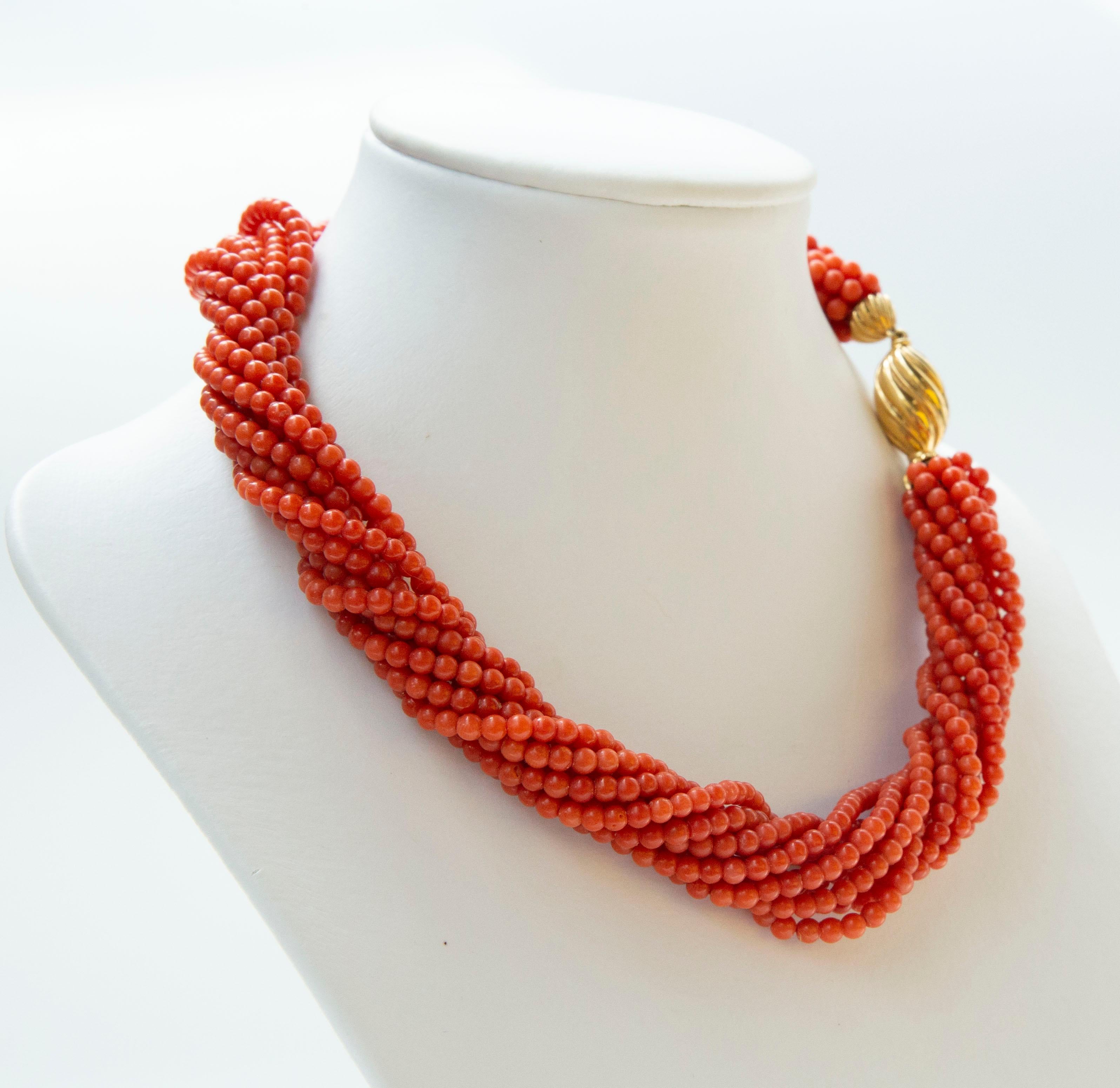 Modern 1980s Mediterranean Genuine Red Coral Multi Stranded Twisted Necklace