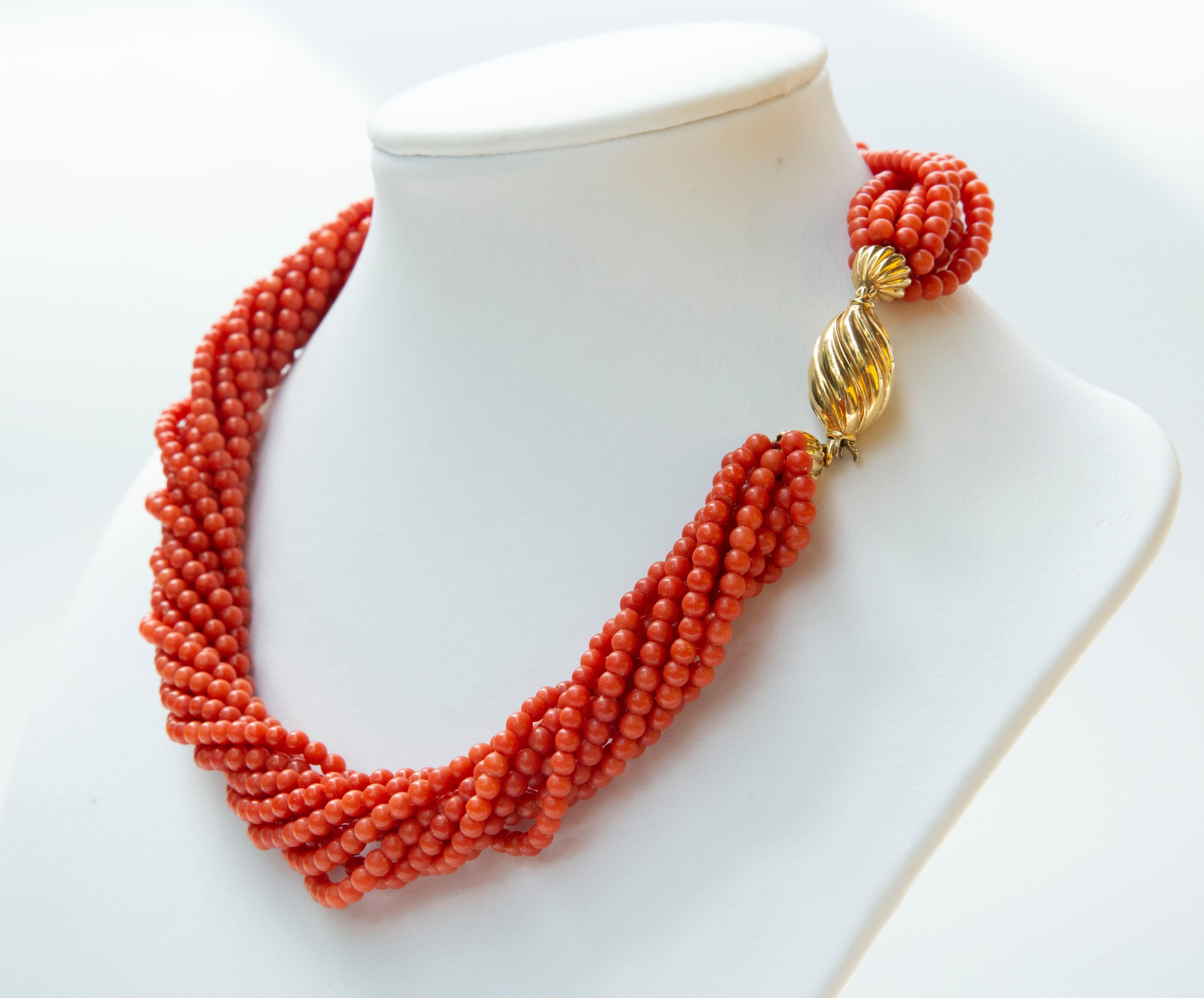 Bead 1980s Mediterranean Genuine Red Coral Multi Stranded Twisted Necklace