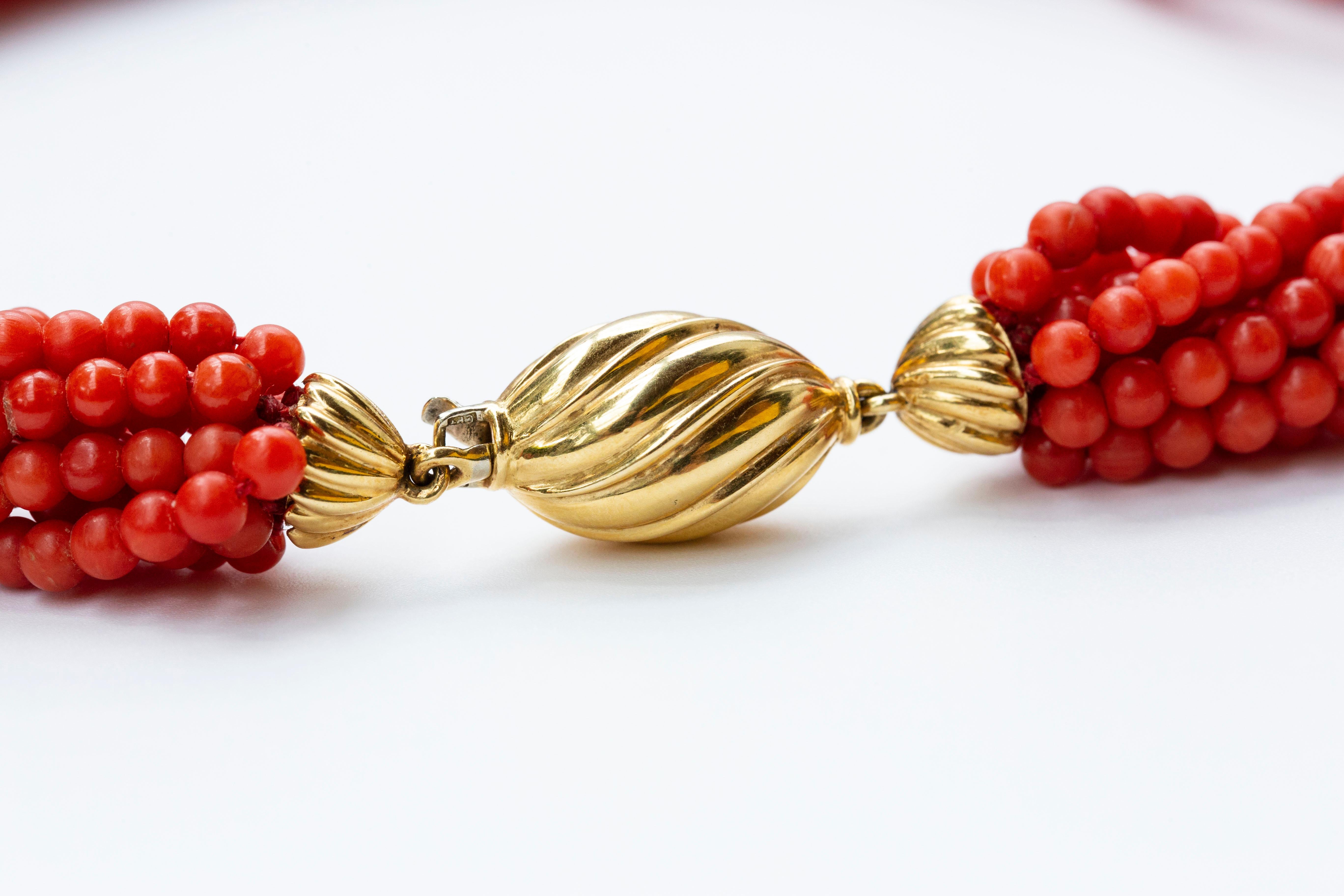 Women's or Men's 1980s Mediterranean Genuine Red Coral Multi Stranded Twisted Necklace