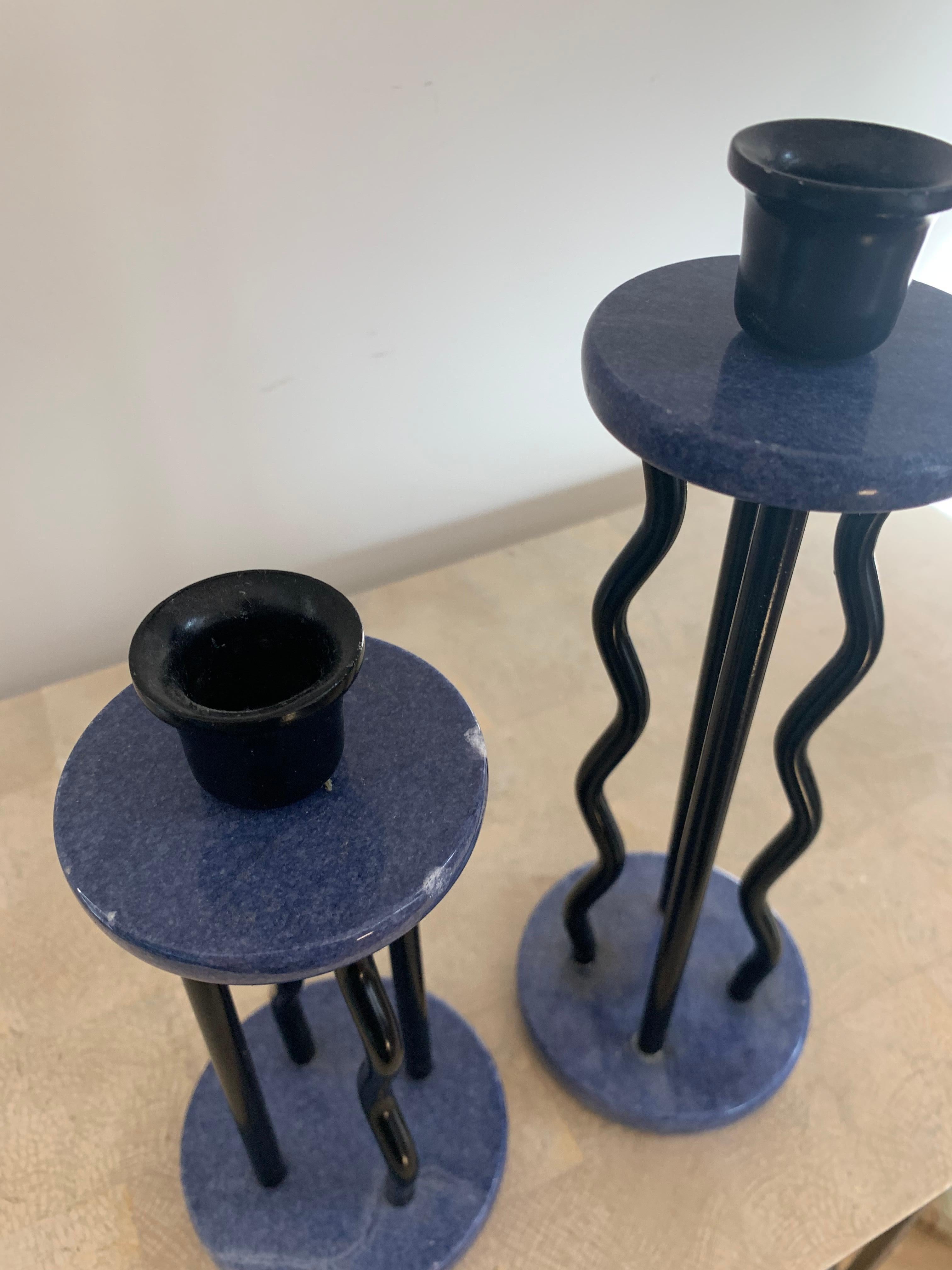 Metal Memphis Milano Squiggle Blue Marble & Lacquer Candlestick Holders, circa 1980s