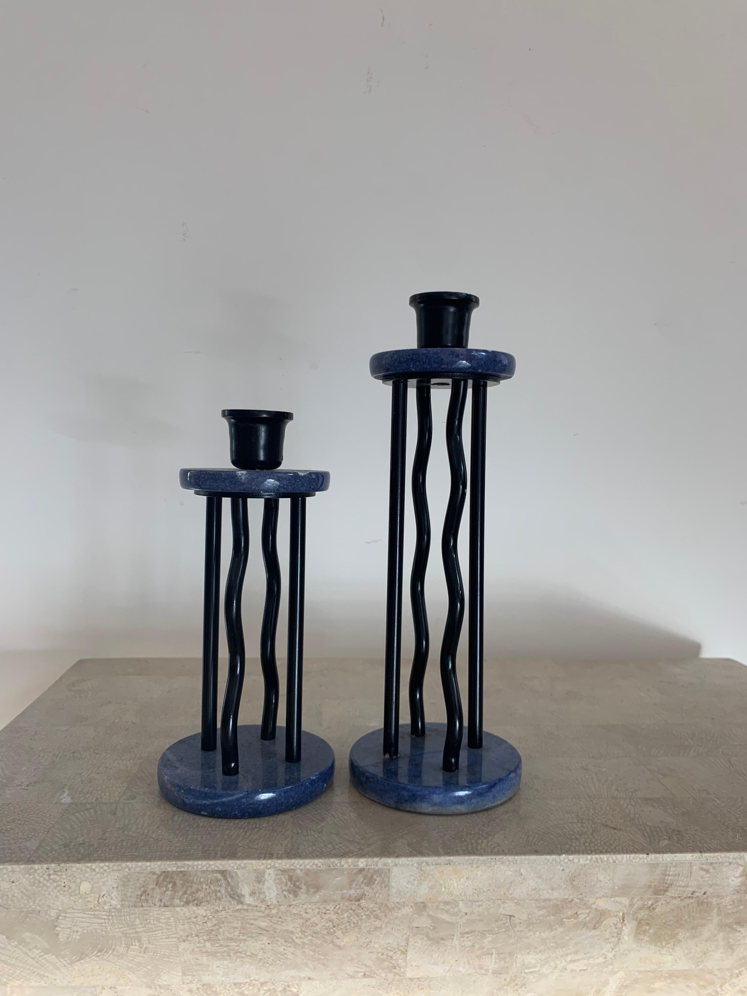 Memphis Milano Squiggle Blue Marble & Lacquer Candlestick Holders, circa 1980s 1