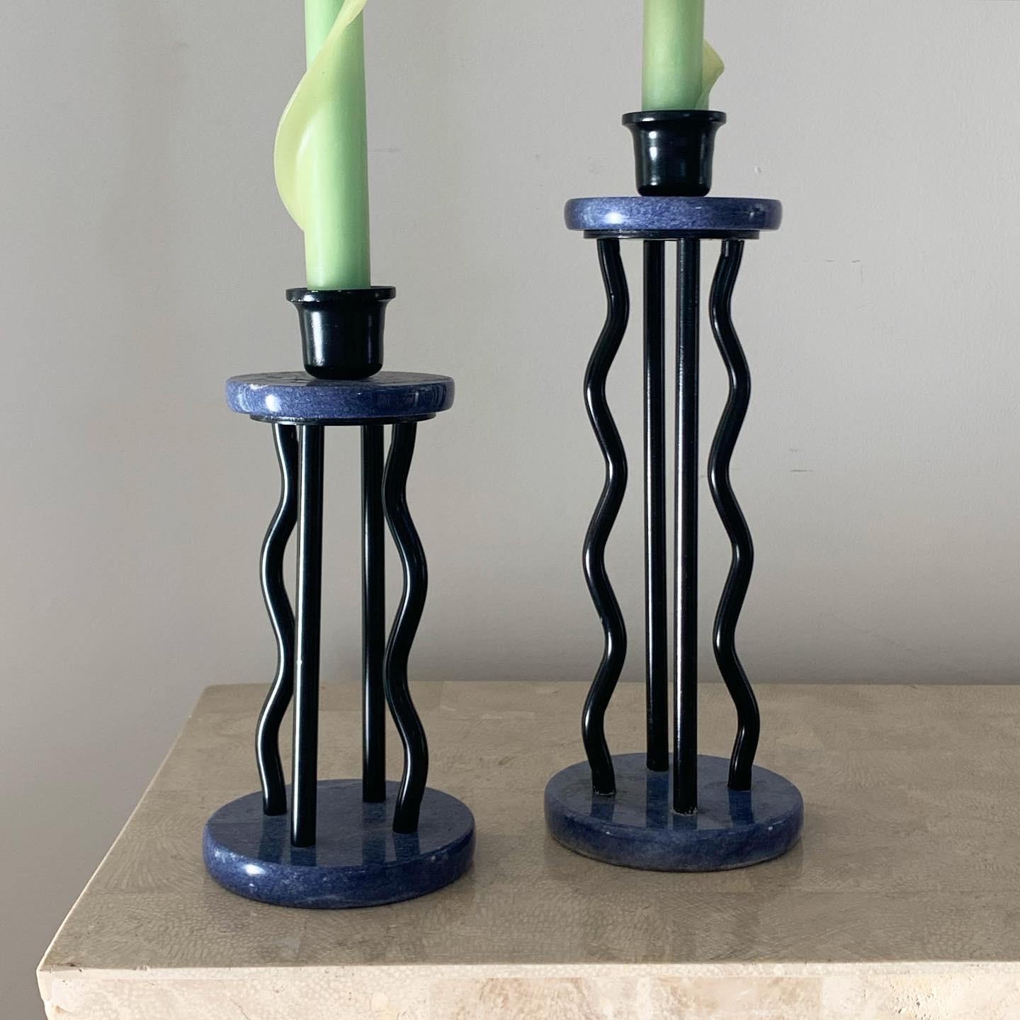 Memphis Milano Squiggle Blue Marble & Lacquer Candlestick Holders, circa 1980s 2