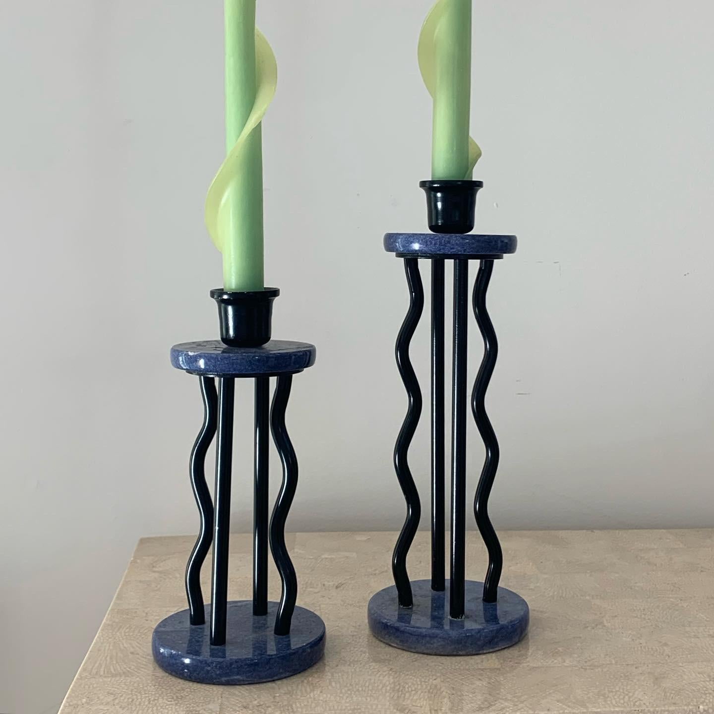Post-Modern Memphis Milano Squiggle Blue Marble & Lacquer Candlestick Holders, circa 1980s