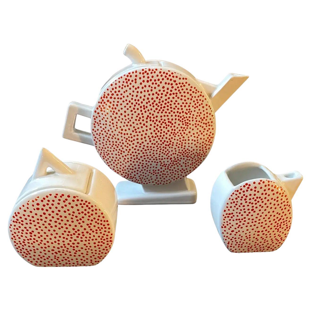 1980s Memphis Milano White and Red Ceramic Italian Tea Set by MAS For Sale