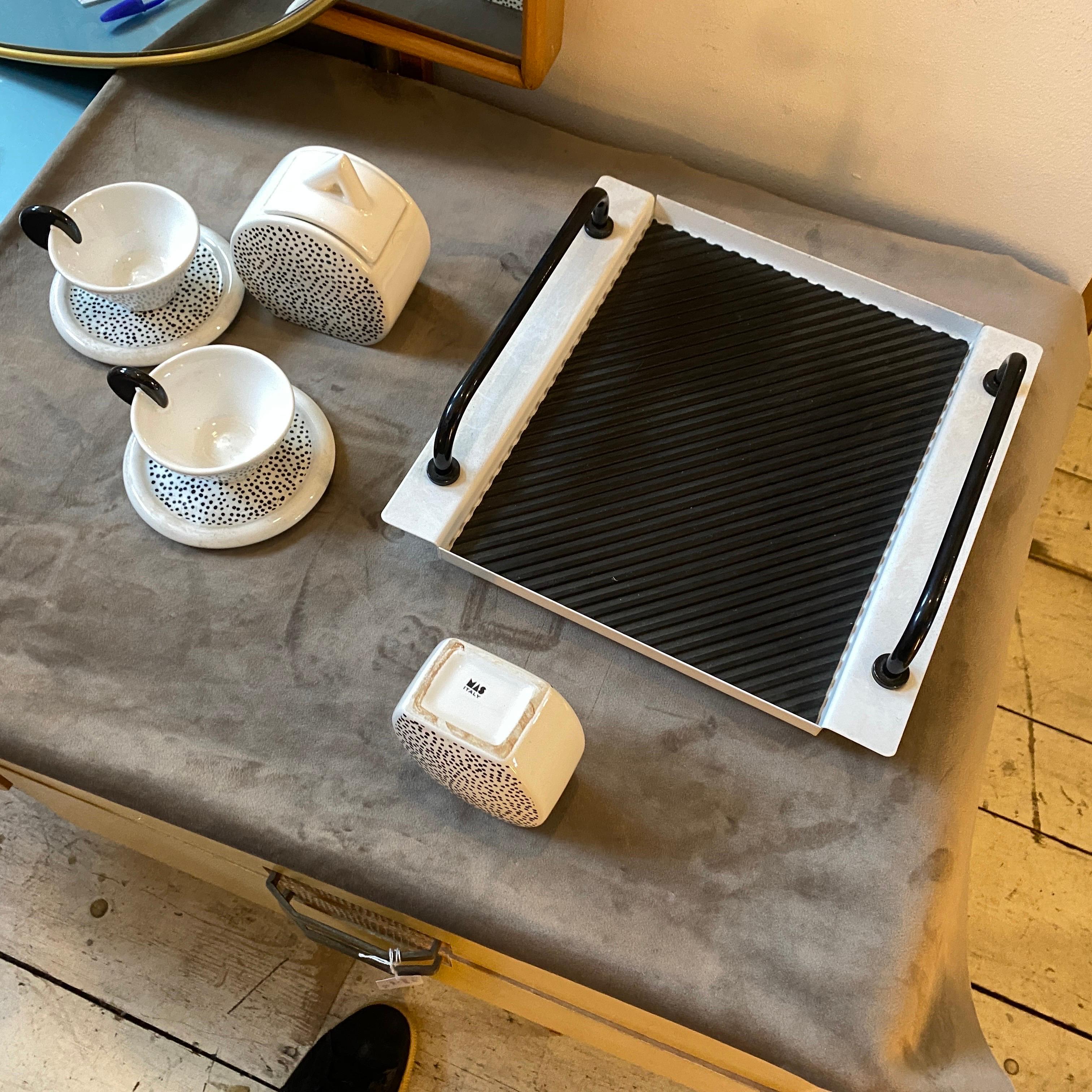 1980s Memphis Style Black and White Metal Tray and Ceramic Tea Set by Mas 5