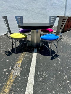 1980s Memphis Style Steel Chairs and Round Entending Dining Table
