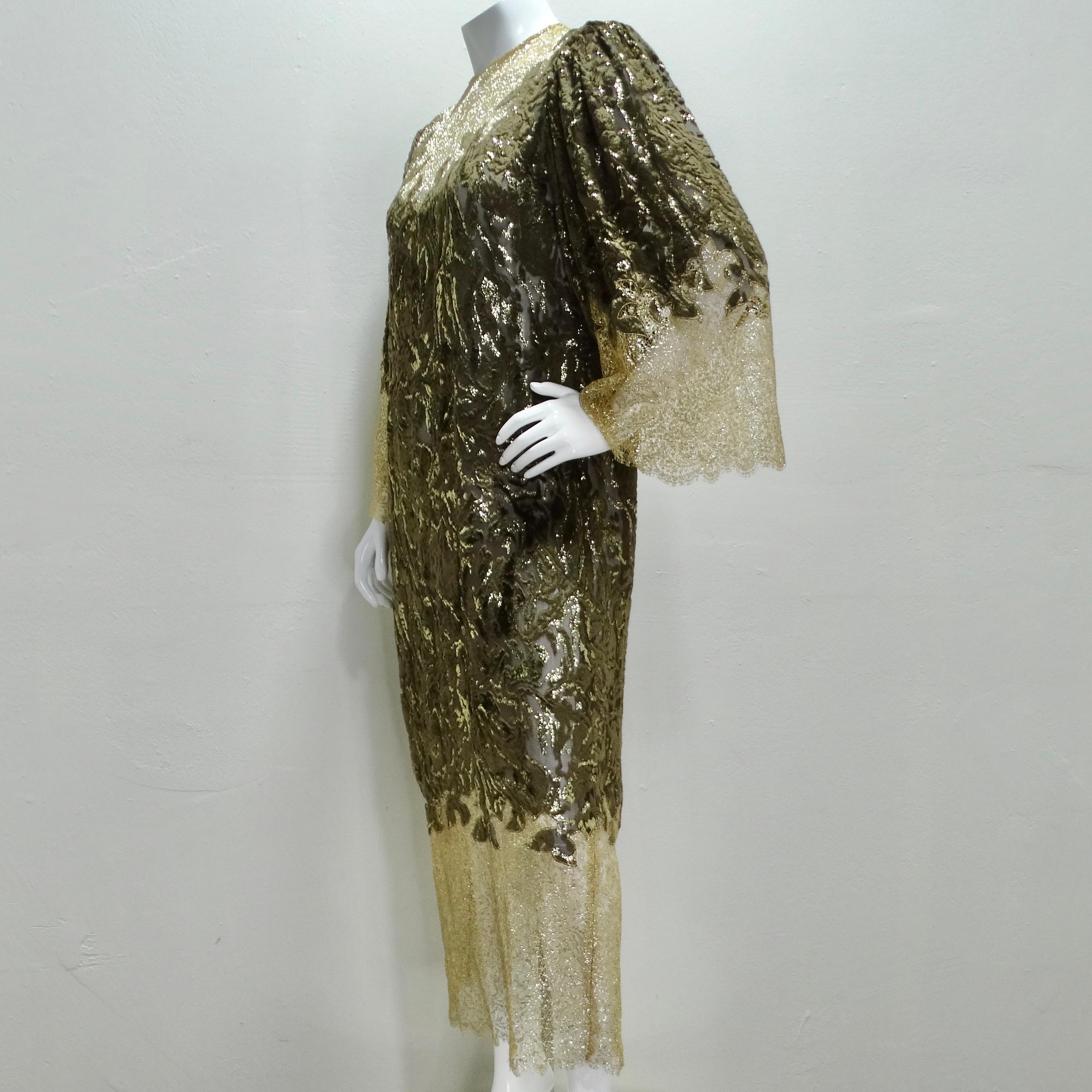 1980s Metallic Gold Velvet Lace Dress For Sale 6