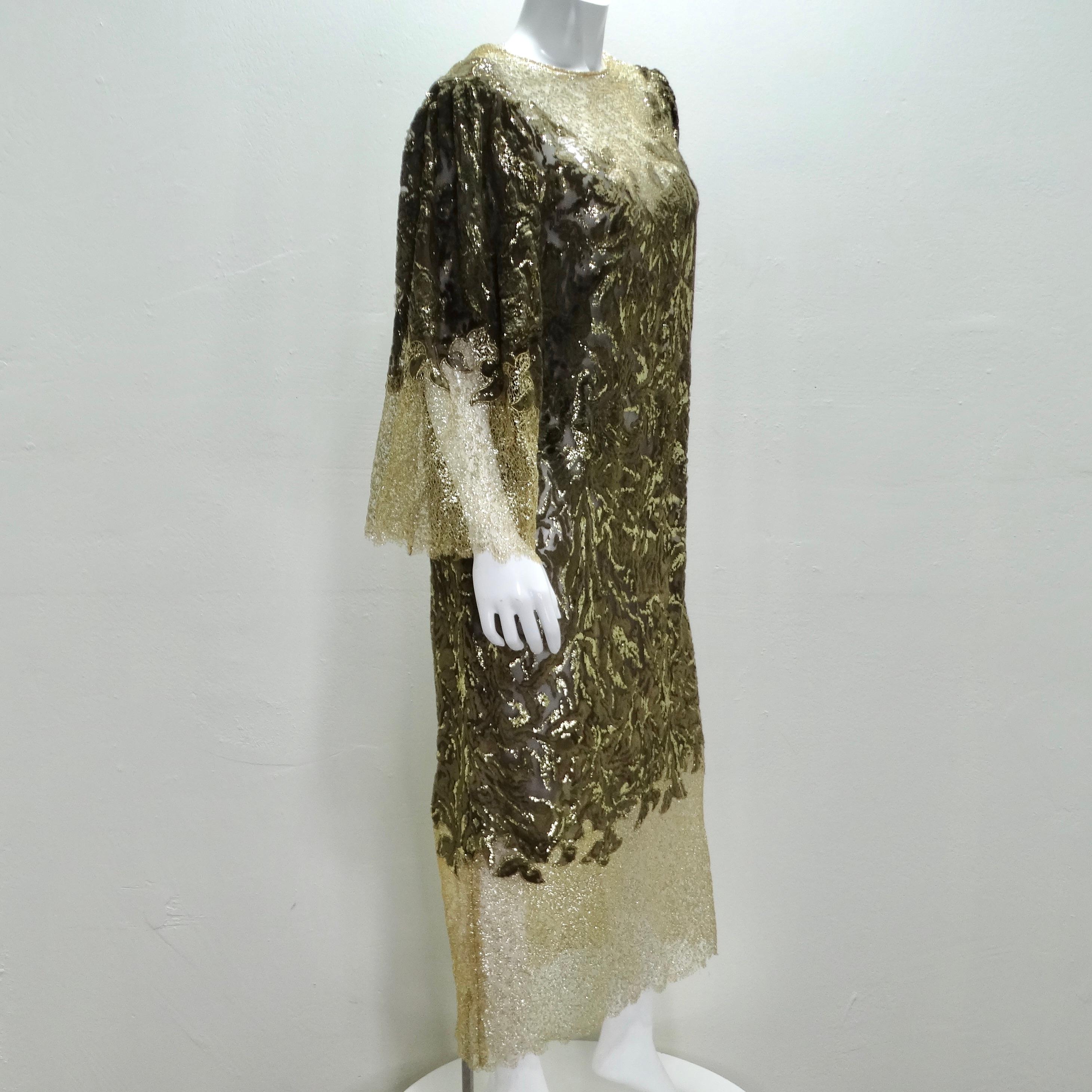Women's or Men's 1980s Metallic Gold Velvet Lace Dress For Sale