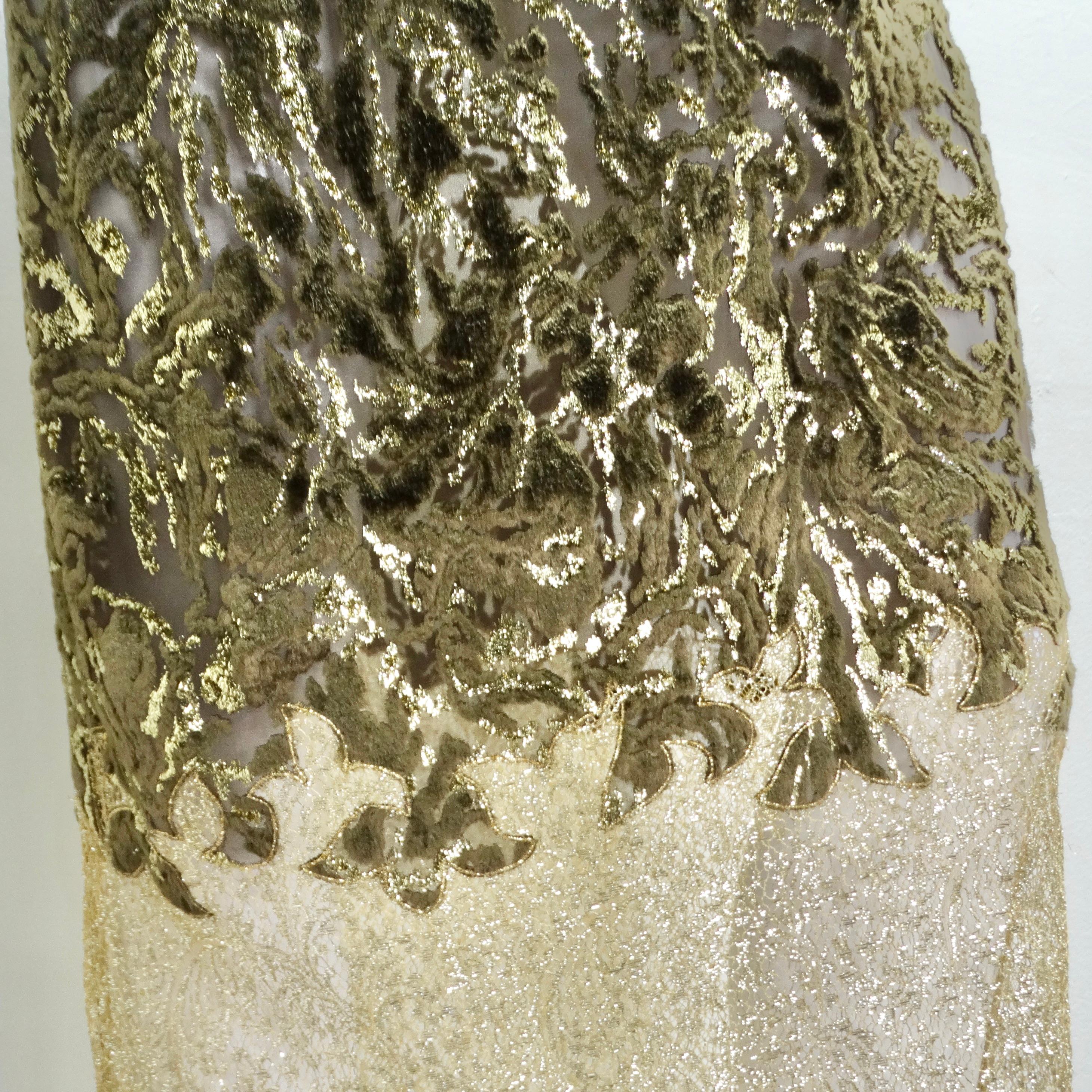 1980s Metallic Gold Velvet Lace Dress For Sale 1