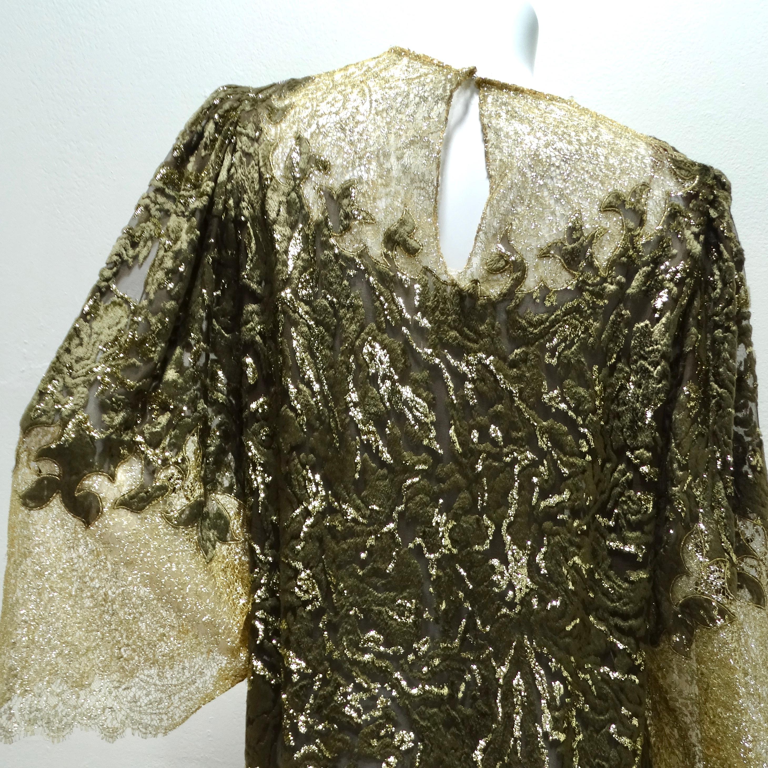 1980s Metallic Gold Velvet Lace Dress For Sale 3