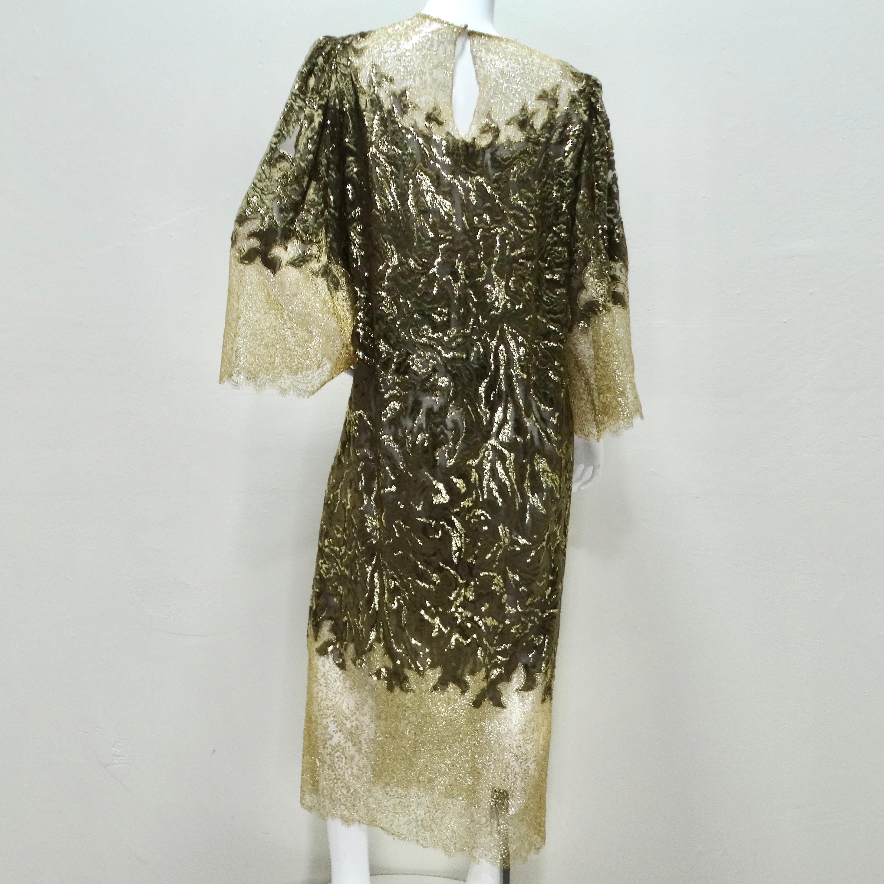 1980s Metallic Gold Velvet Lace Dress For Sale 4