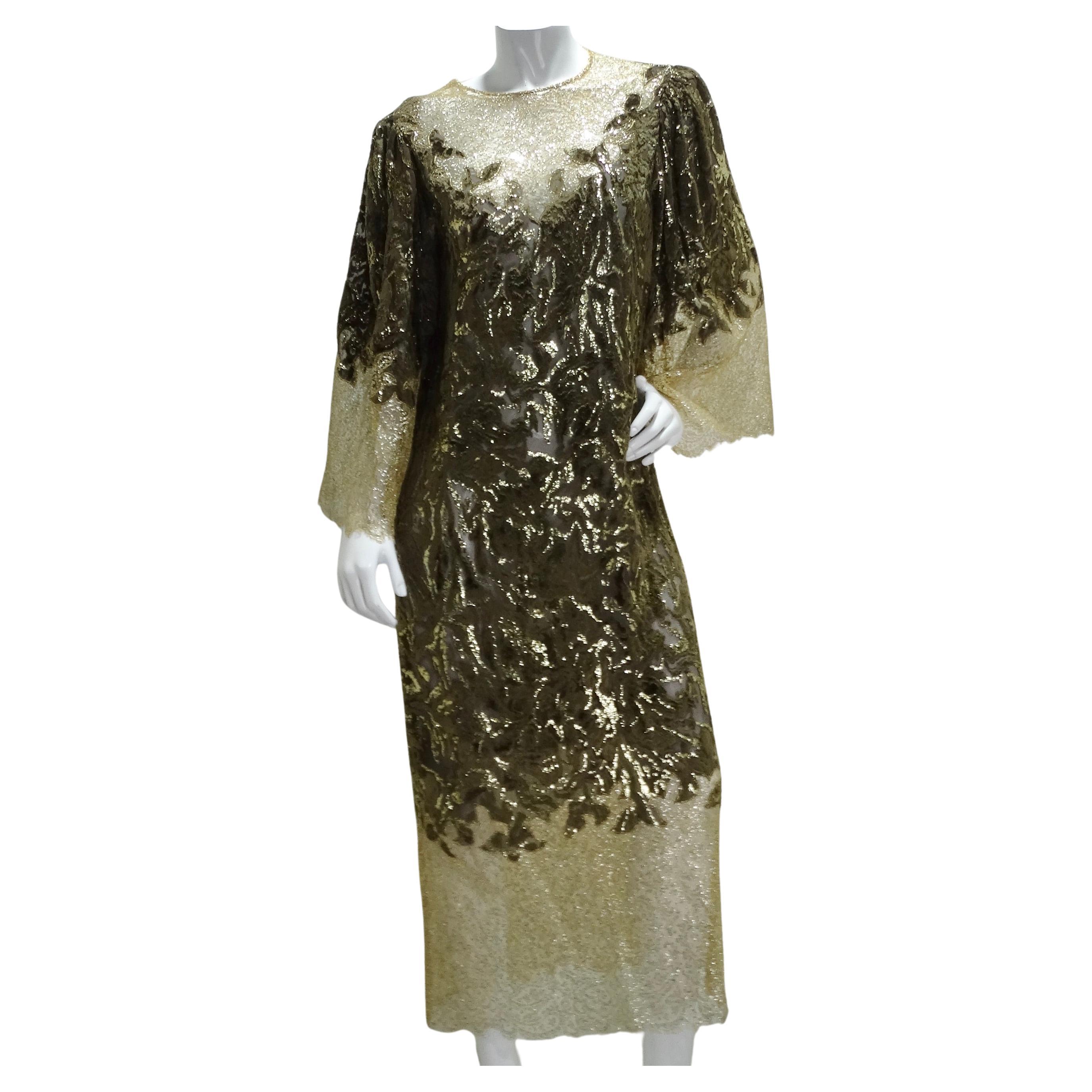 1980s Metallic Gold Velvet Lace Dress For Sale