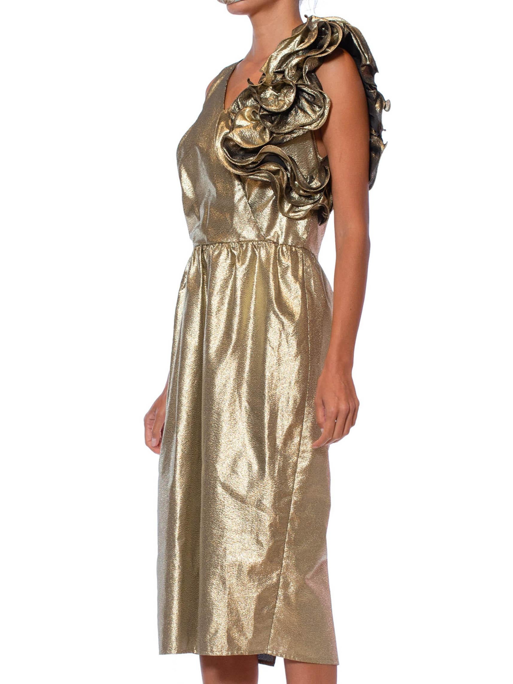 Women's 1980S Metallic Poly/Lurex Gold Lamé Dramatic Ruffled Cocktail Dress