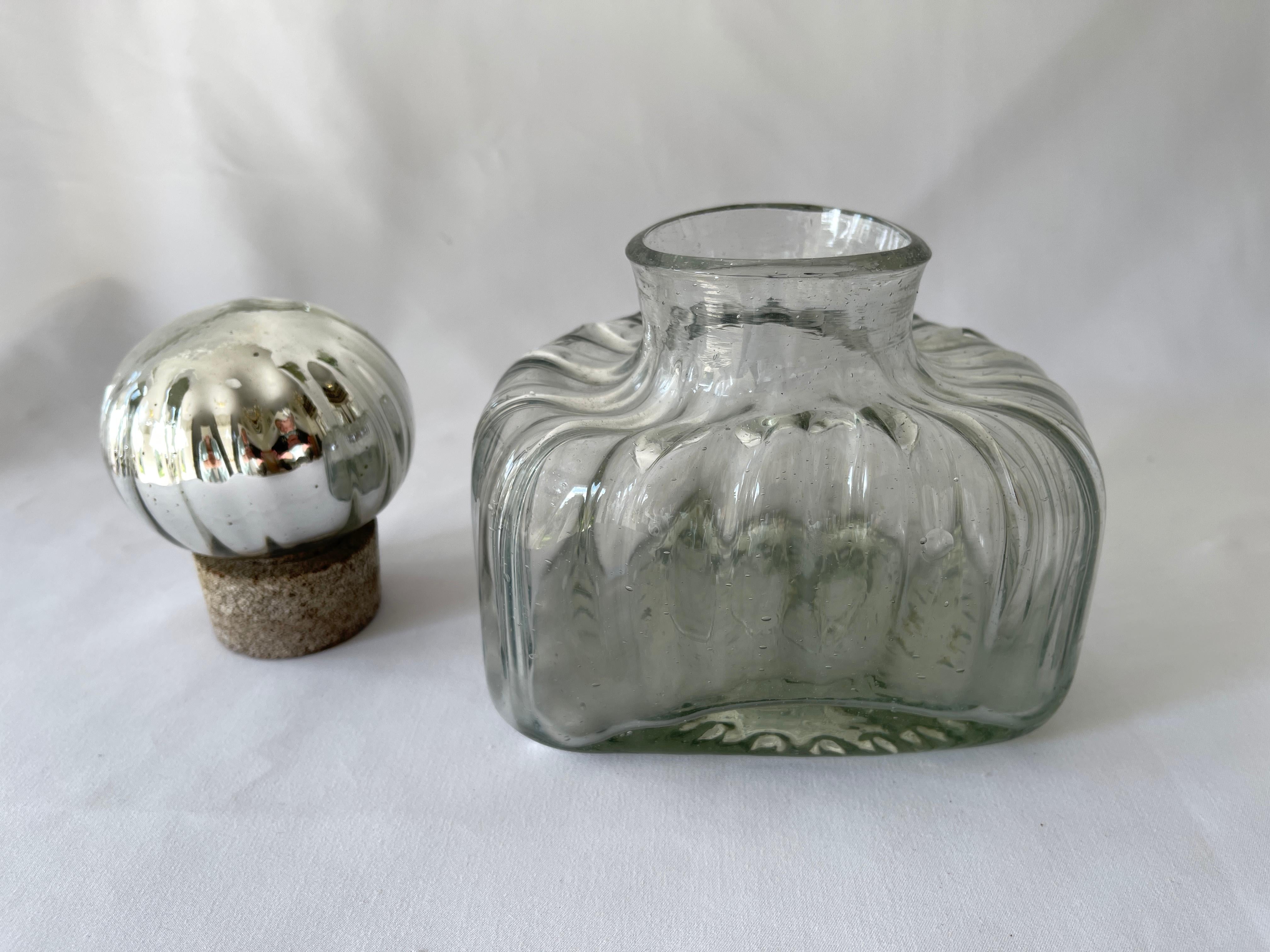 1980's Mexican handblown ribbed glass decanter bottle with mercury glass sphere bottle stopper.