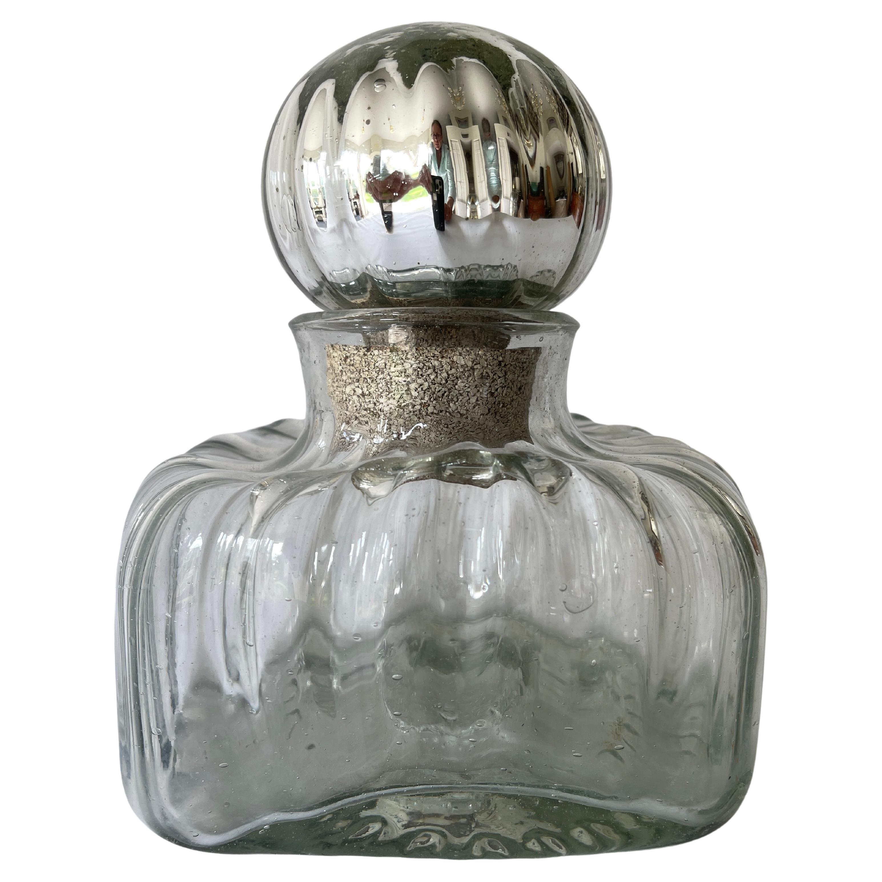 1980's Mexican Hand Blown Glass Decanter with Mercury Glass Sphere Stopper