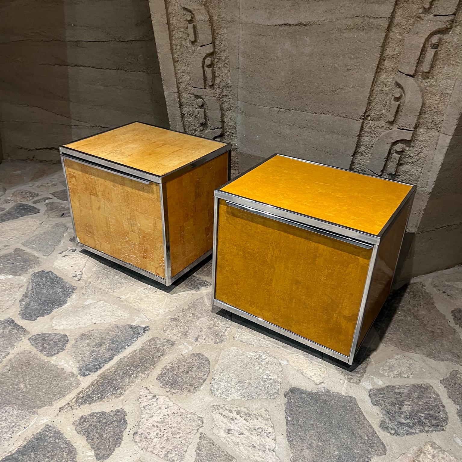 Late 20th Century 1980s Mexican Modernism Nightstands in Burlwood & Chrome Style of Milo Baughman For Sale