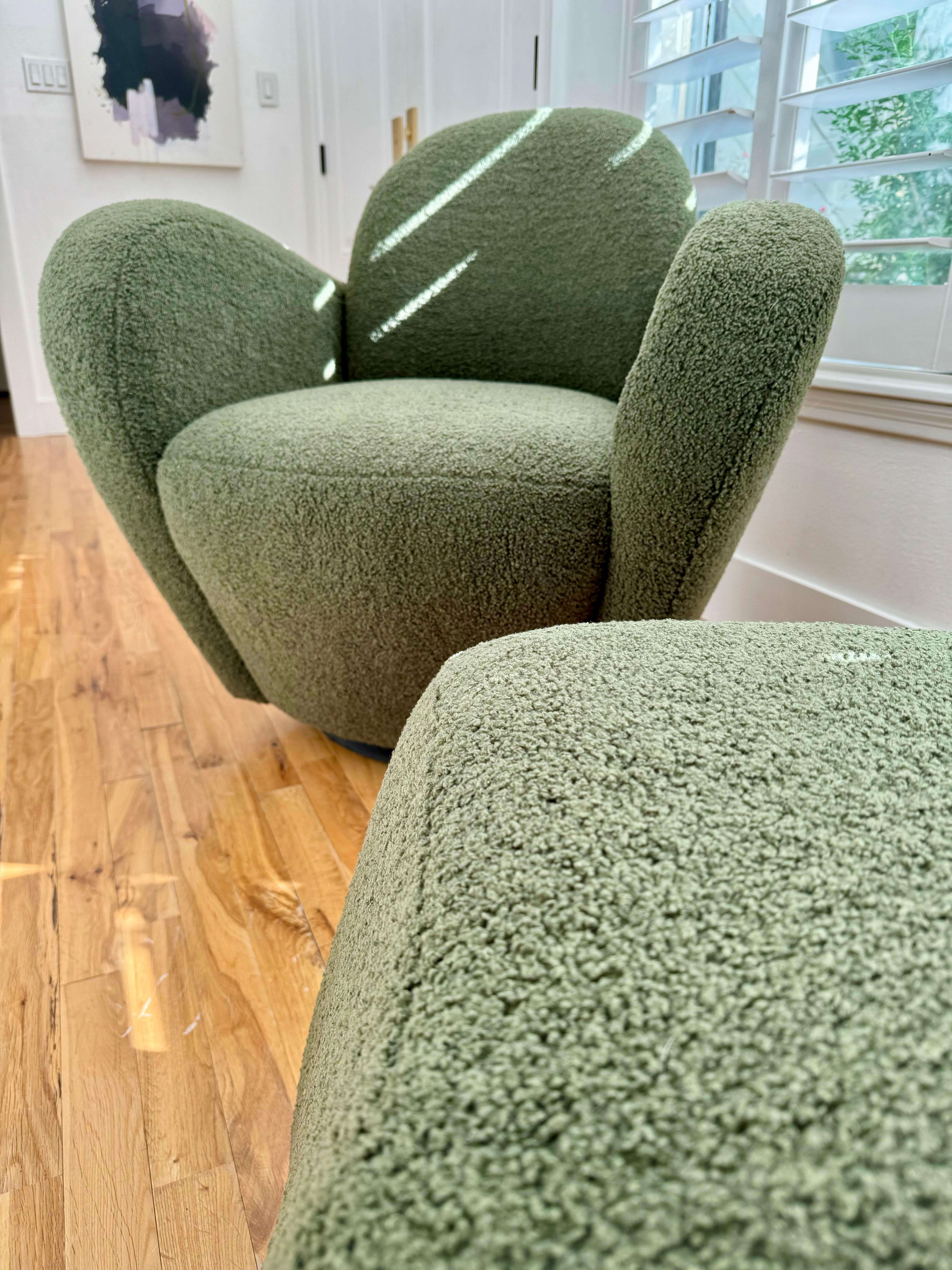 Highly sought after 'Miami' chair and ottoman designed by Michael Wolk for Preview c.1980s. These pieces have been reupholstered in a luxurious olive bouclé. This iconic duo is soft, plush, and a dream to lounge in. Chair features a return-to-zero