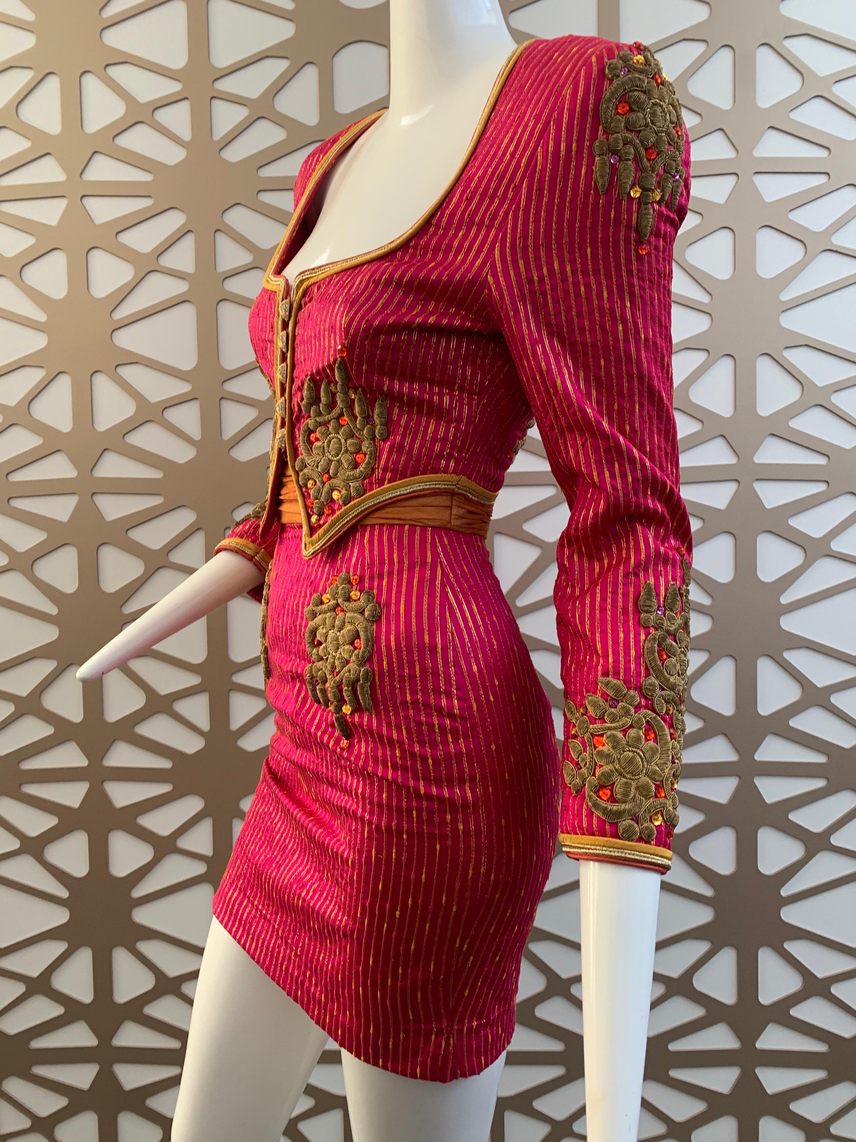 Red 1980s Michael Casey 2-Piece Mini Skirt Suit In Fuchsia Pinstripe & Gold Braid