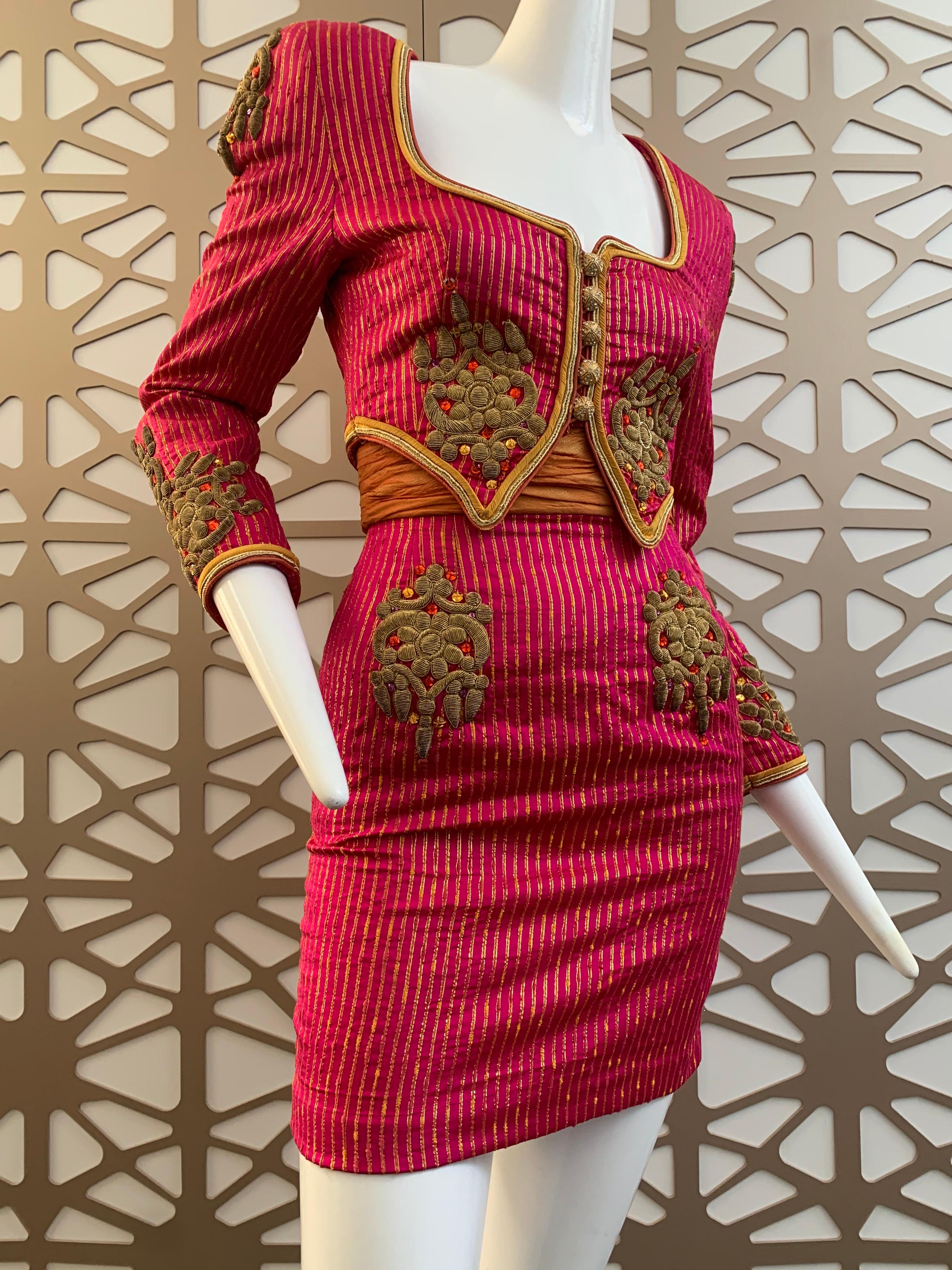 1980s Michael Casey 2-Piece Mini Skirt Suit In Fuchsia Pinstripe & Gold Braid 1