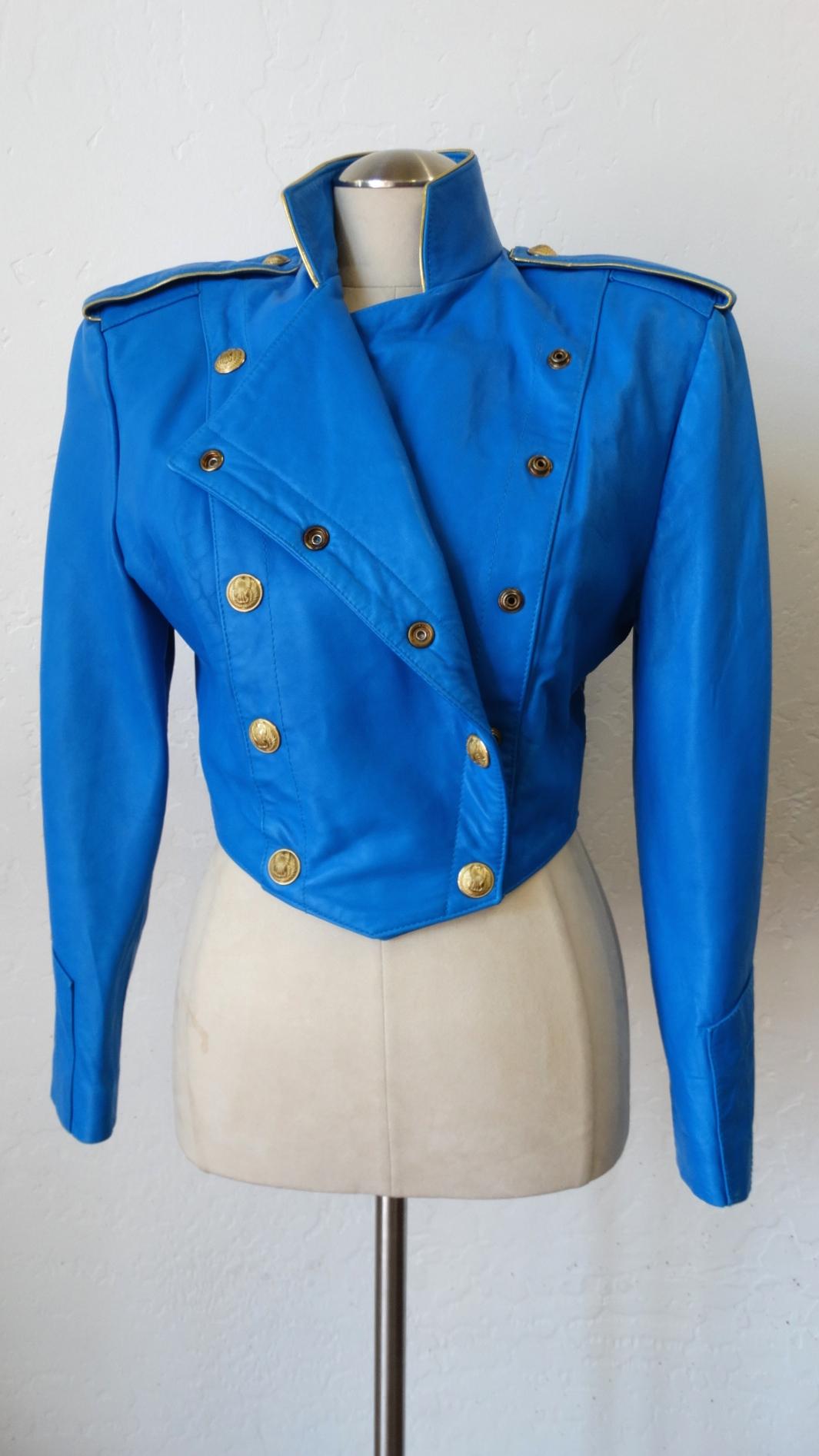 1980s Michael Hoban Blue Leather Military Style Jacket 6