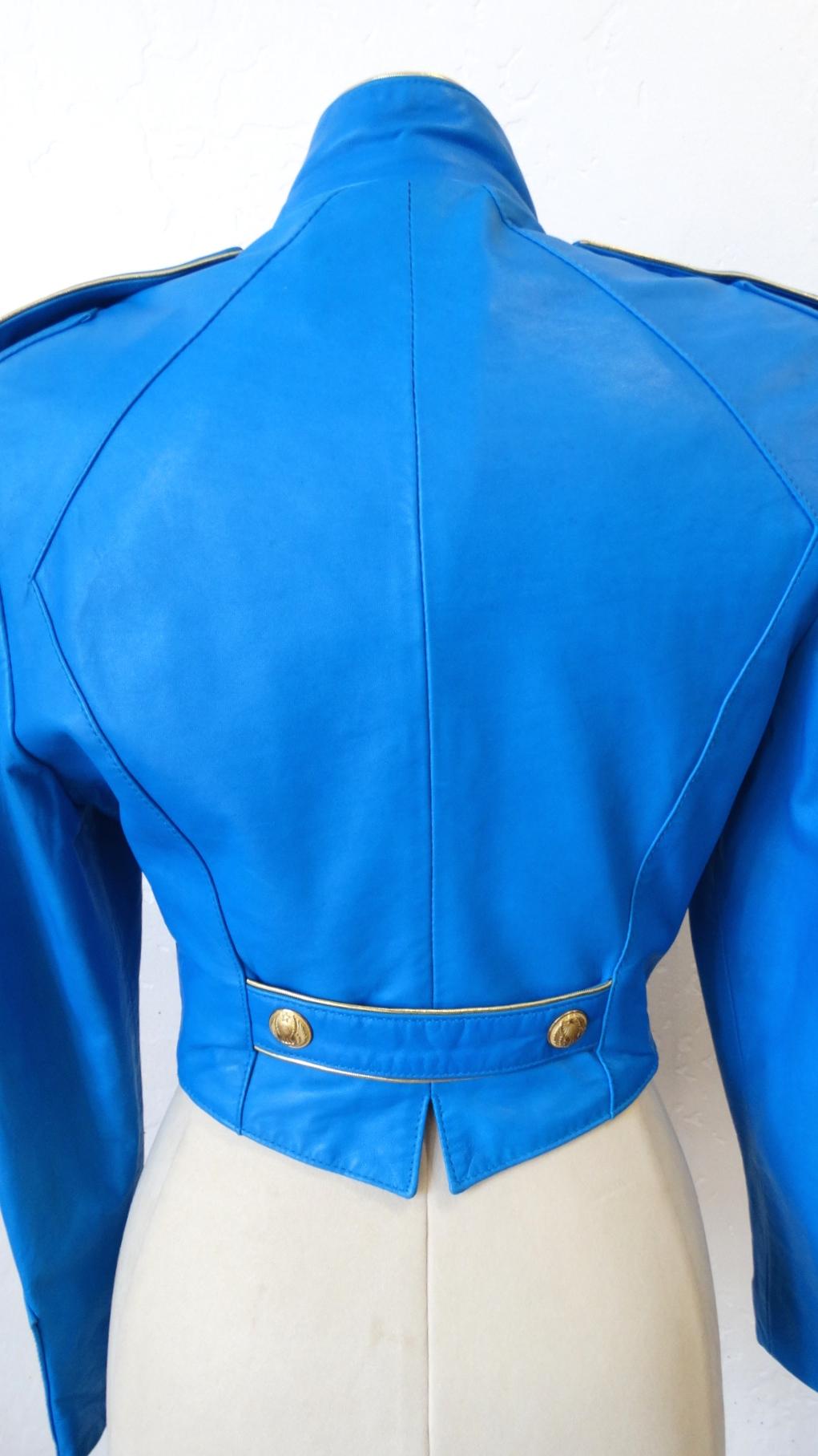 1980s Michael Hoban Blue Leather Military Style Jacket 7