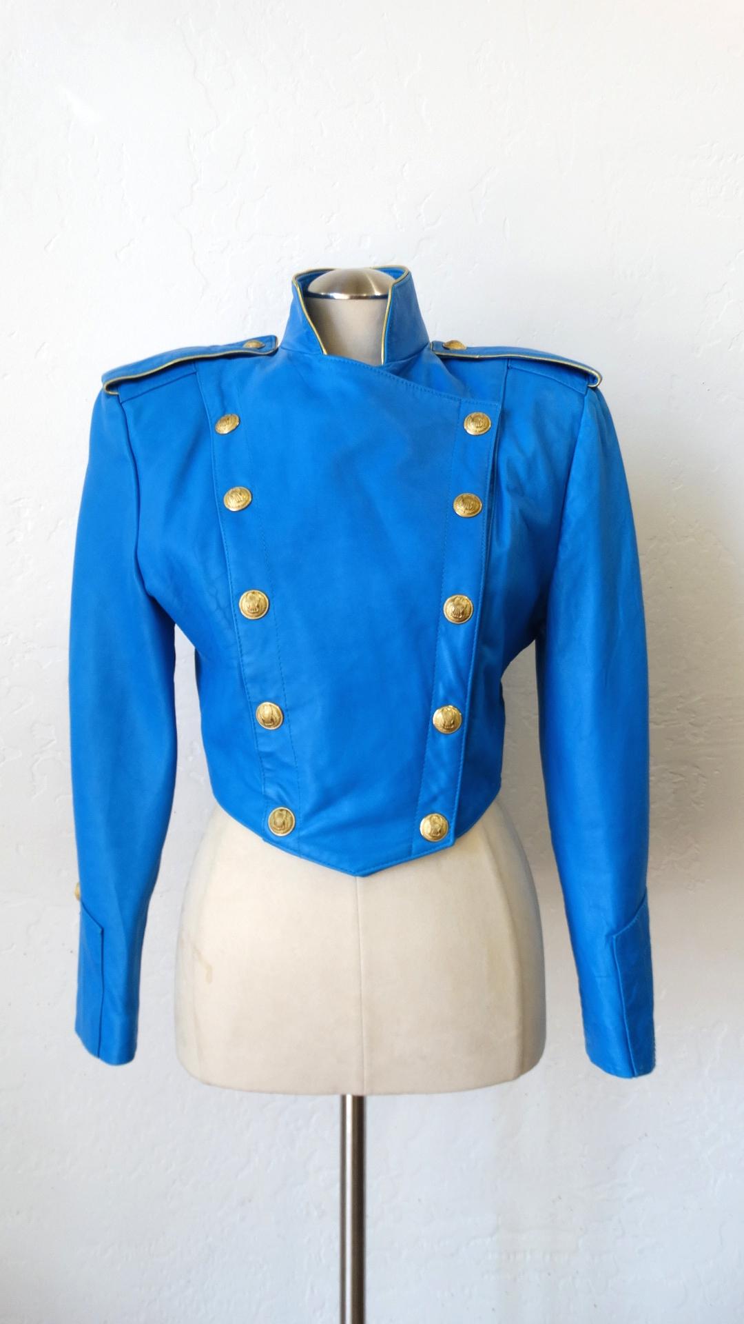 1980s Michael Hoban Blue Leather Military Style Jacket 8