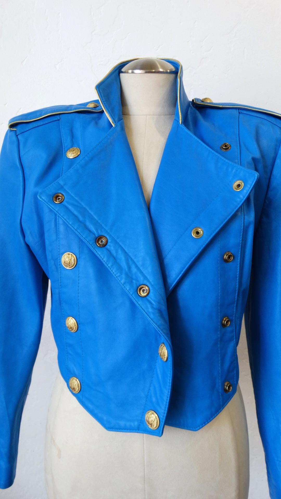 1980s Michael Hoban Blue Leather Military Style Jacket 9