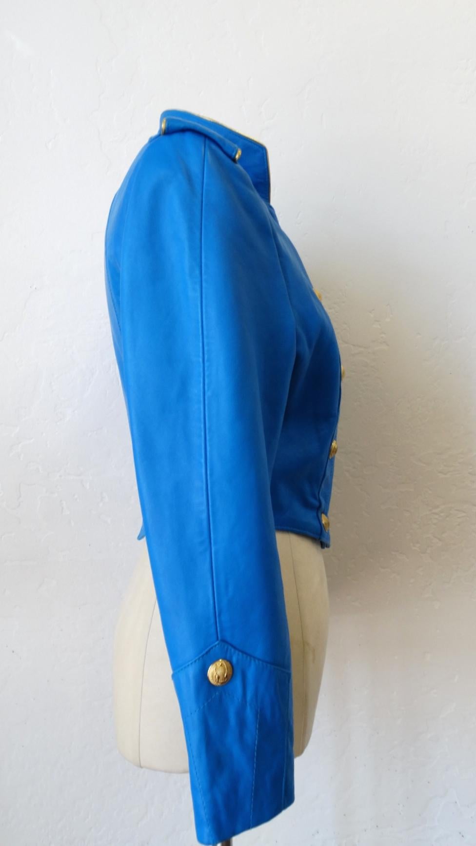 1980s Michael Hoban Blue Leather Military Style Jacket In Good Condition In Scottsdale, AZ
