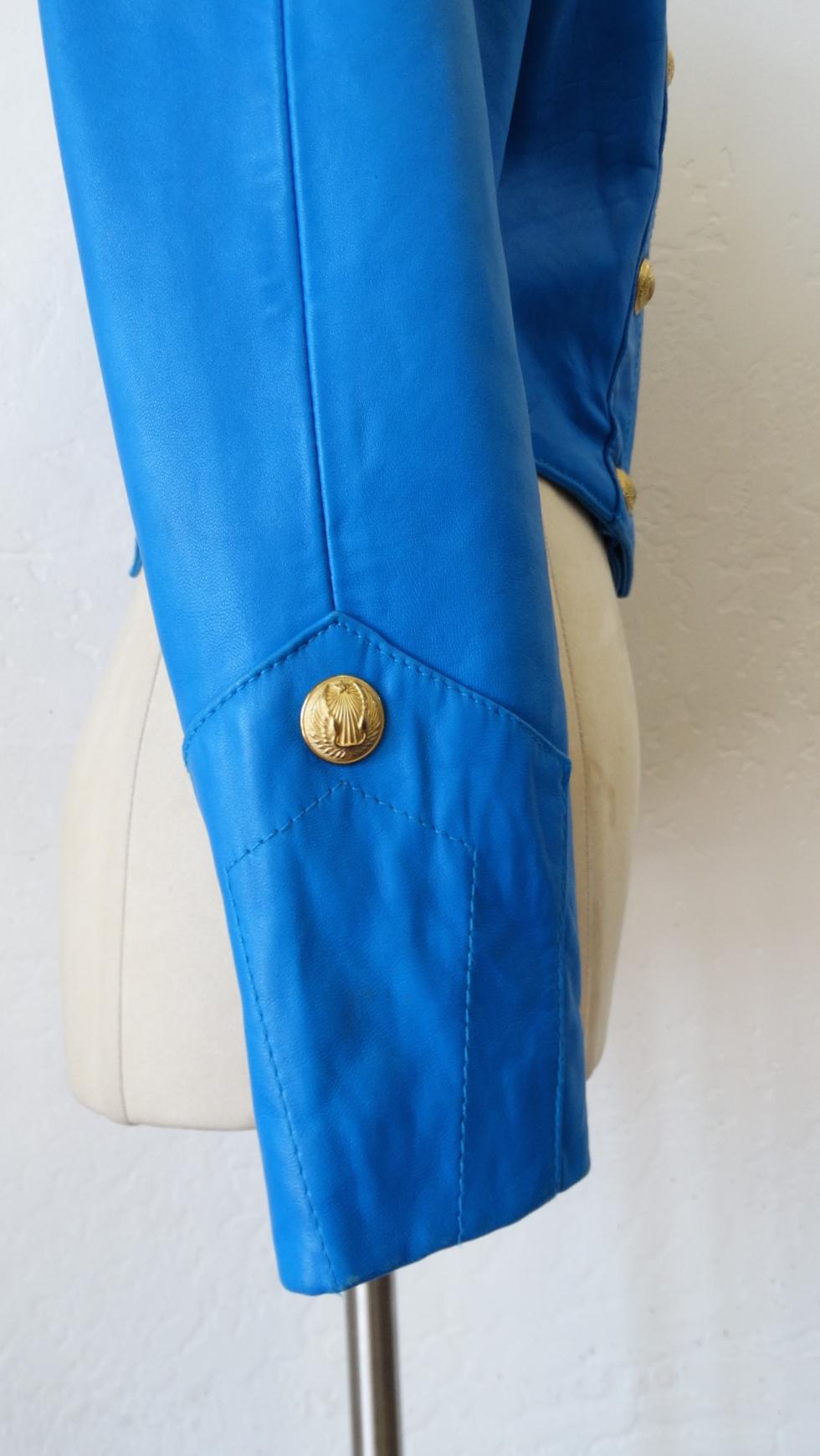 Women's 1980s Michael Hoban Blue Leather Military Style Jacket
