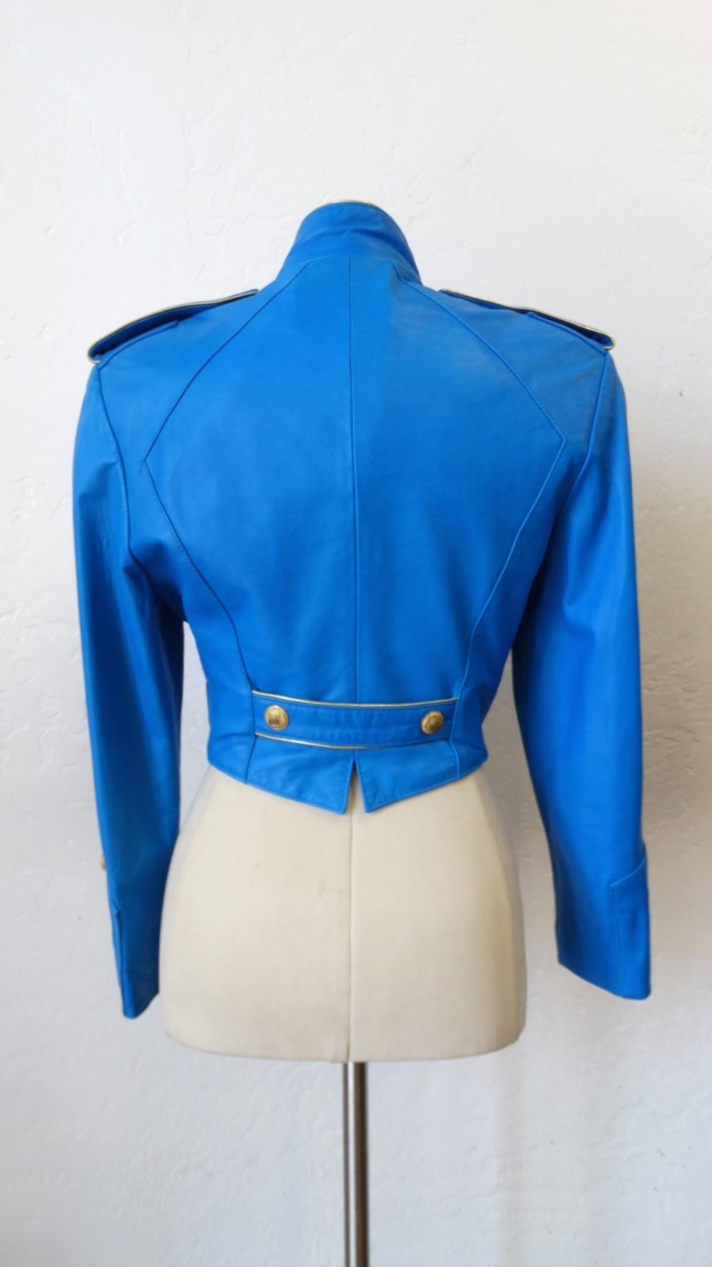 1980s Michael Hoban Blue Leather Military Style Jacket 1