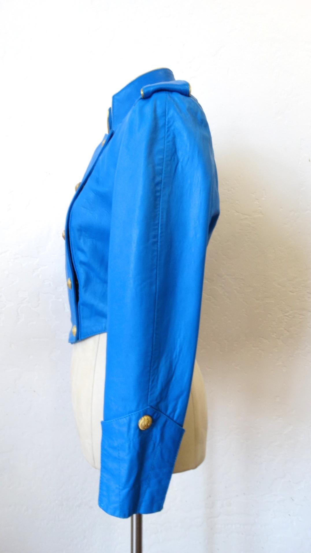 1980s Michael Hoban Blue Leather Military Style Jacket 3