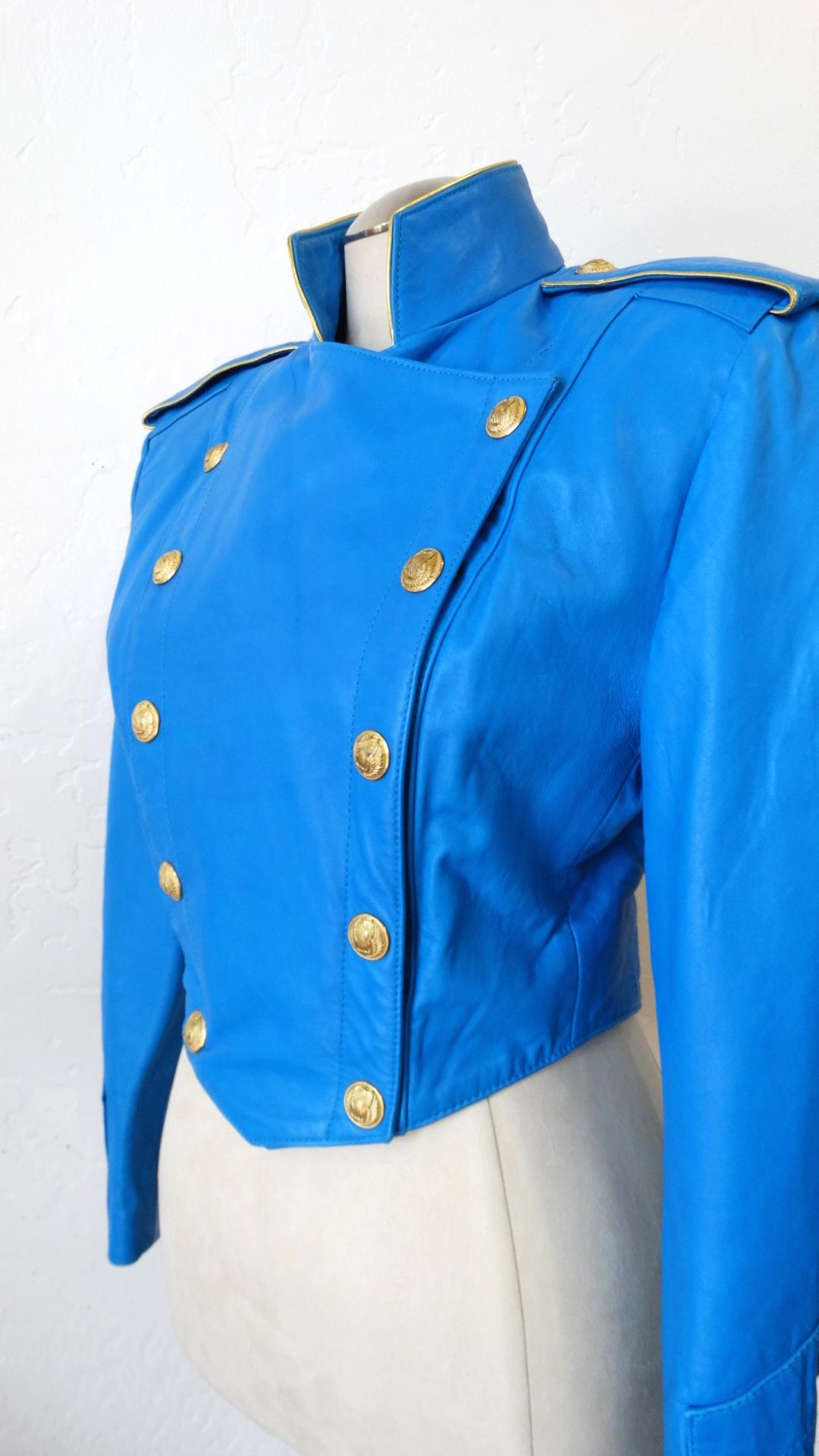 1980s Michael Hoban Blue Leather Military Style Jacket 5