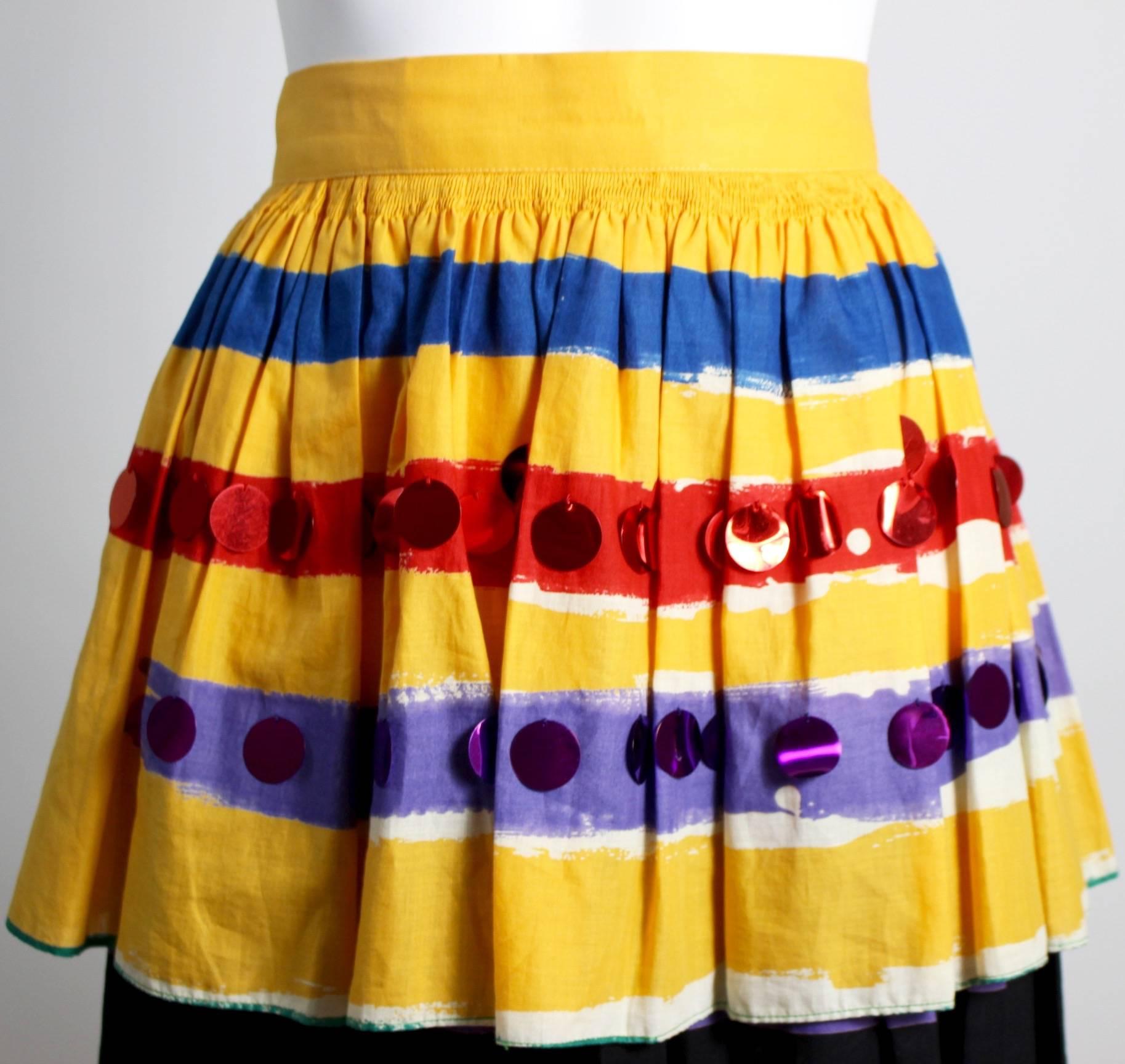  1980s Michaele Vollbrach Colorful Cotton Layered Gypsy Pheasant Skirt  In Excellent Condition For Sale In Boca Raton, FL