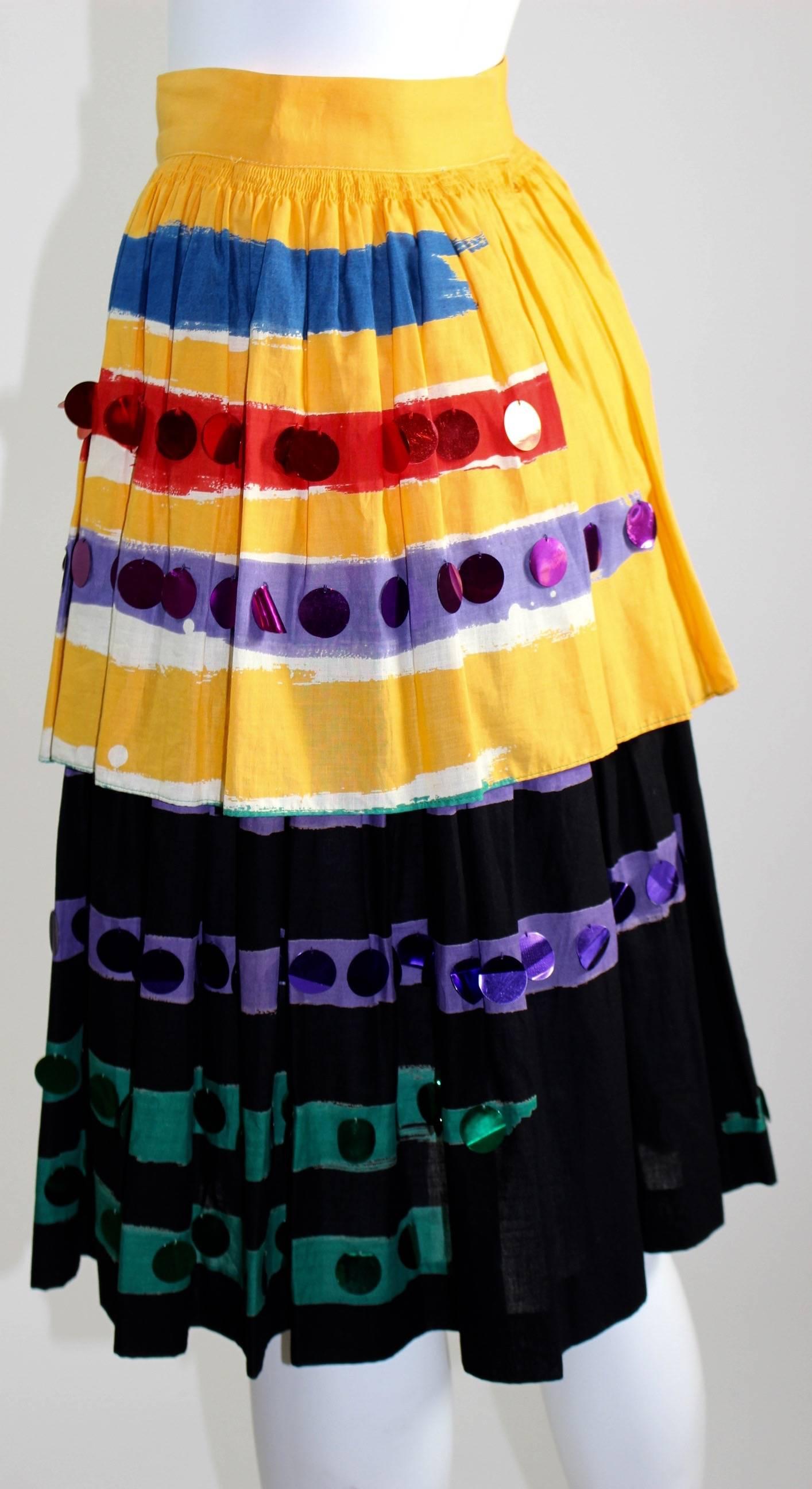 Women's  1980s Michaele Vollbrach Colorful Cotton Layered Gypsy Pheasant Skirt  For Sale