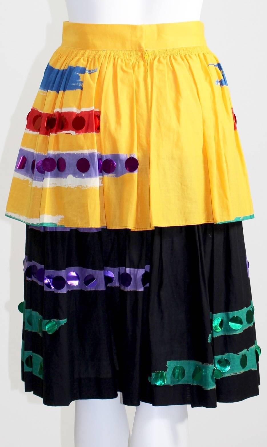 1980s Michaele Vollbrach Colorful Cotton Layered Gypsy Pheasant Skirt  For Sale 3
